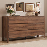 MAISONARIA Walnut Dresser for Bedroom, 55.1" Wide Dresser with 6 Drawers and Hidden Handles, Modern Wood Chest of Drawers for Clothes and Accessories, Stylish Storage Cabinet for Living Room, Entryway
