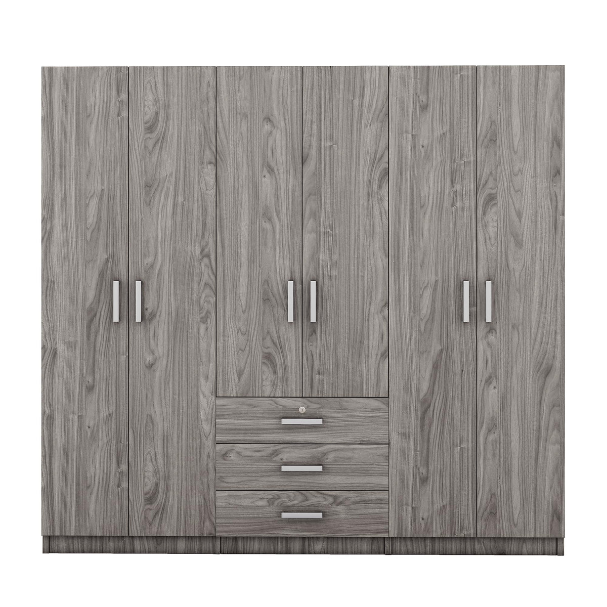 Merax Large 6 Doors Wooden Wardrobe, Bedroom Tall Armoire Closet Organizer with Big Drawers, Hanging Rails and Shelves, Clothes Storage Cabinet for Garage & Laundry Room, Grey
