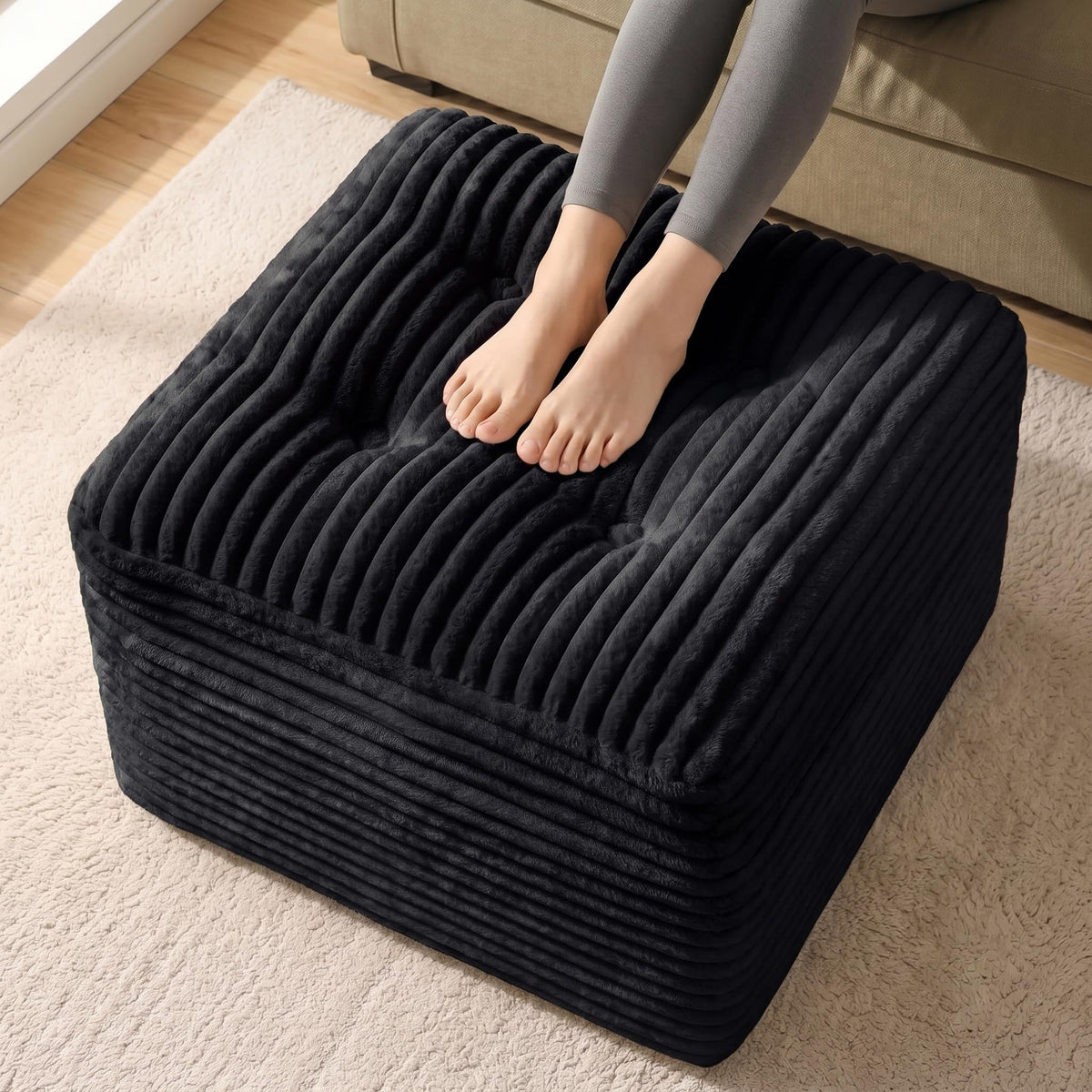OXVIT 23.6in Pouf Ottoman, Corduroy Ottoman Foot Rest Footstool, Black