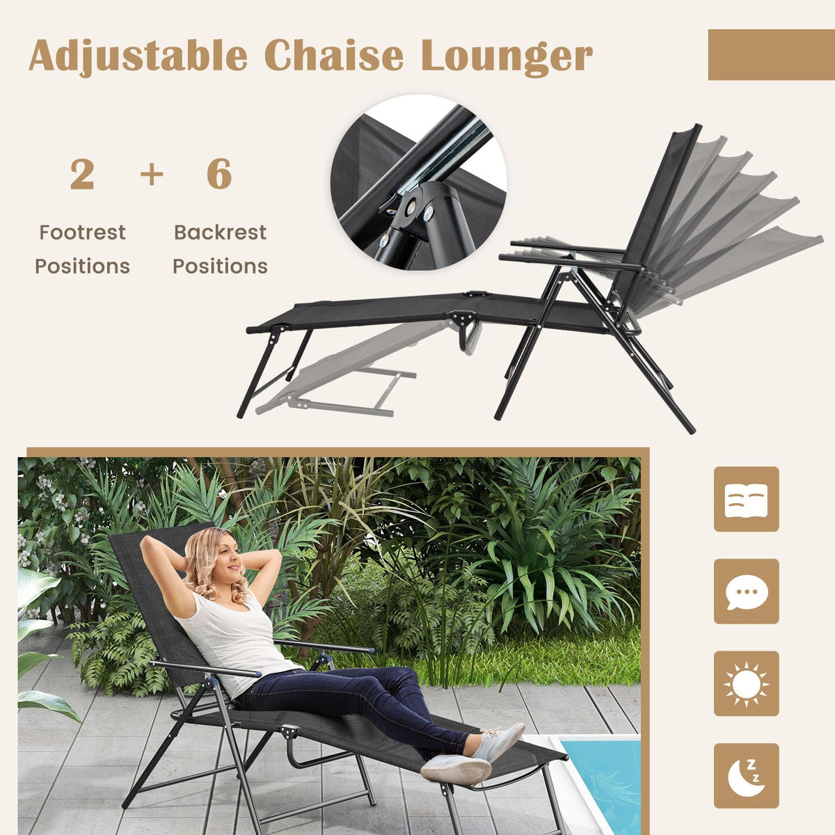 GIANTEX Lounge Chair Outdoor Set of 2 - Tanning Chair with 6 Adjustable Backrest, 2-Level Footrest, Folding Sunbathing Lounger for Patio, Poolside, Yard, Chaise Lounge Chair, Beach Chair (Black)