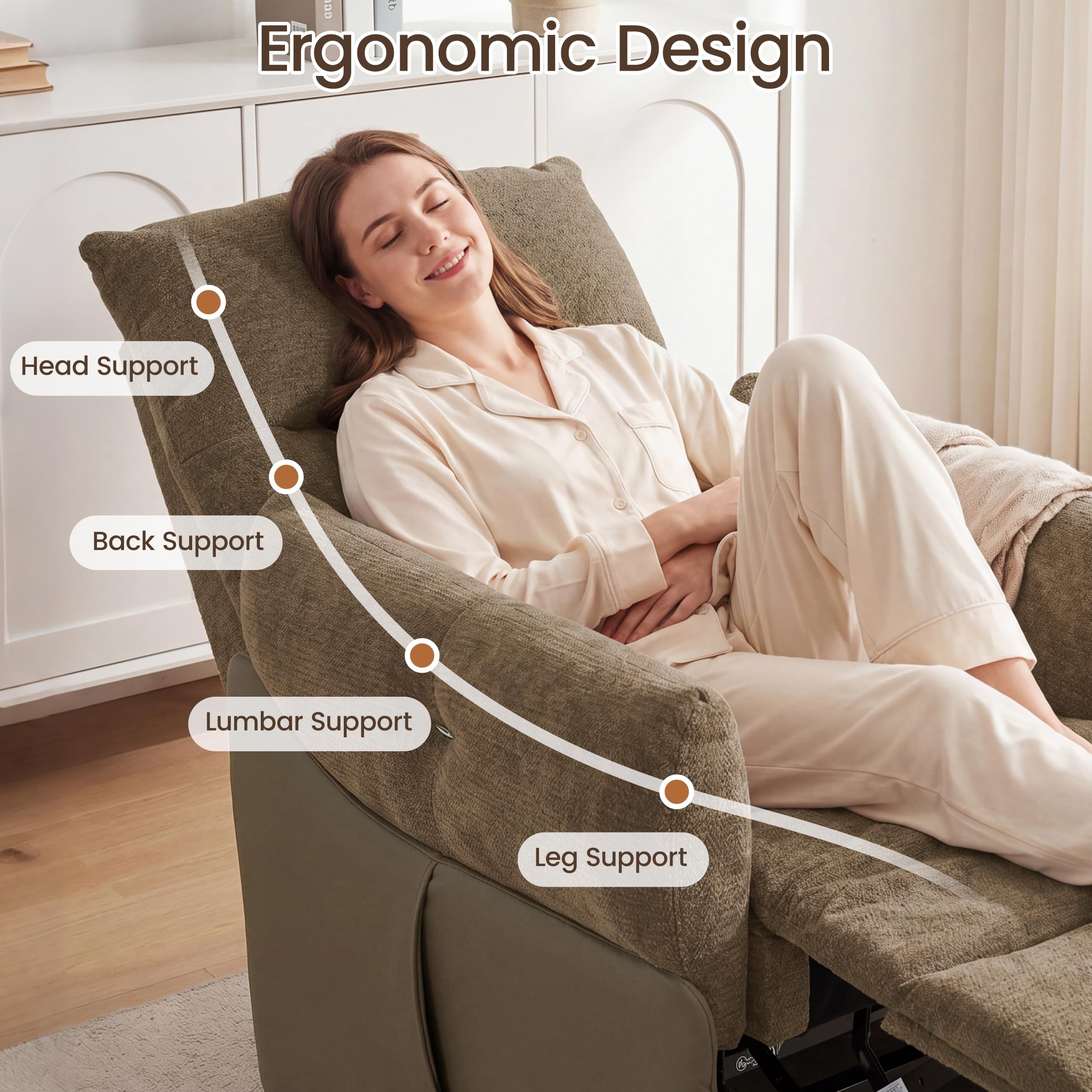 FiveWillowise Power Recliner Chair,90°-145°Recline Chair with Remote,Side Pocket,Soft Armrest&Headrest,Wide Seat,Sturdy Footrest for Living Room,Bedroom,Brown Chenille with Brown Faux Leather Side