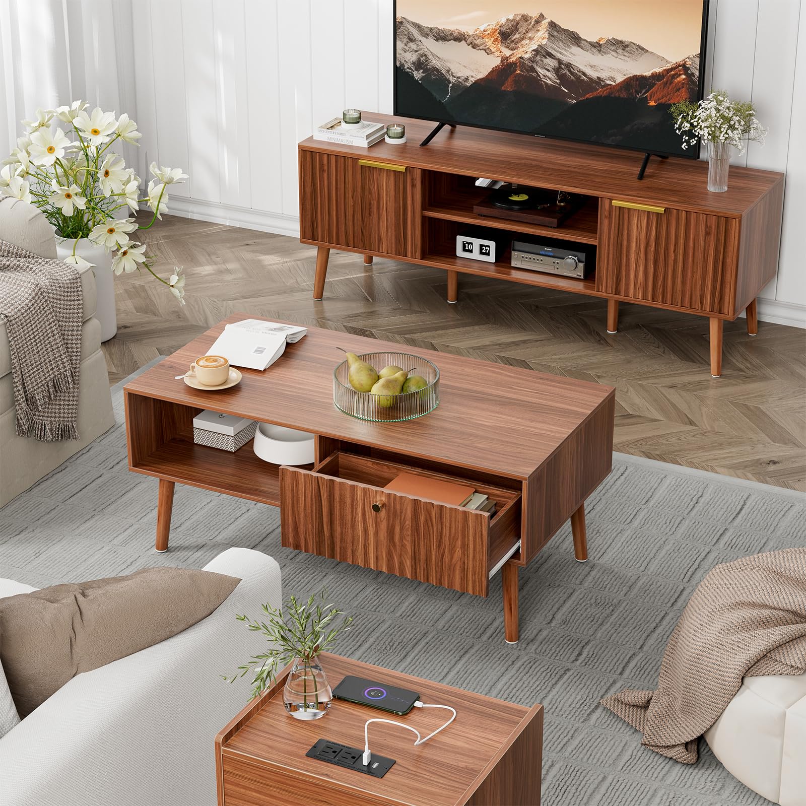 LCRBOL Coffee Table with Storage, Mid Century Dining Table with Fluted Drawer and Solid Wood Legs, Small Coffee Tables for Living Room, Walnut