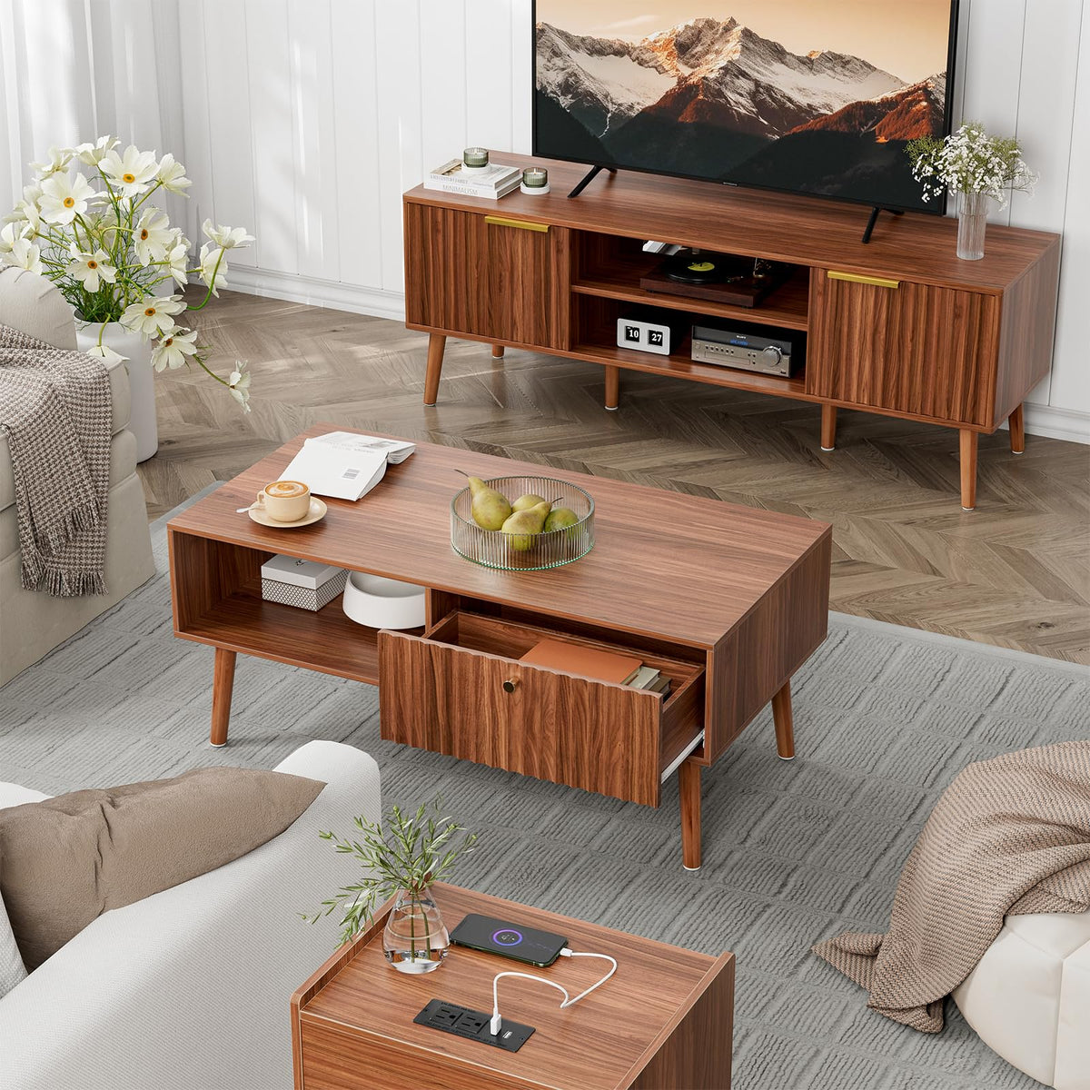 LCRBOL Coffee Table with Fluted Drawer, Mid-Century, Walnut