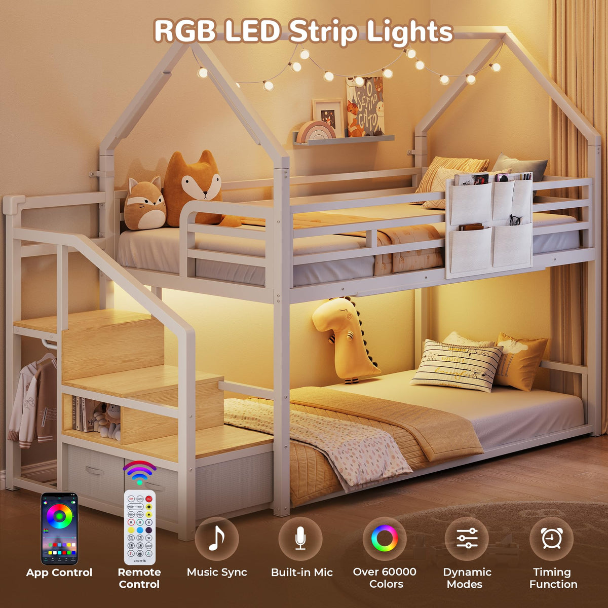 Jocoevol Metal Bunk Bed Twin Over Twin with Storage Staircase, Clothes Rack, LED Twin Bunk Beds for Kids with 2 Storage Drawers, Full-Length Guardrail, No Box Spring Needed, Easy Assembly, White