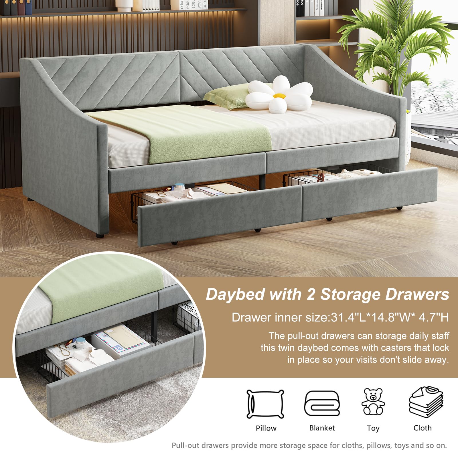 Twin Daybed with Storage Drawers & Charging Station