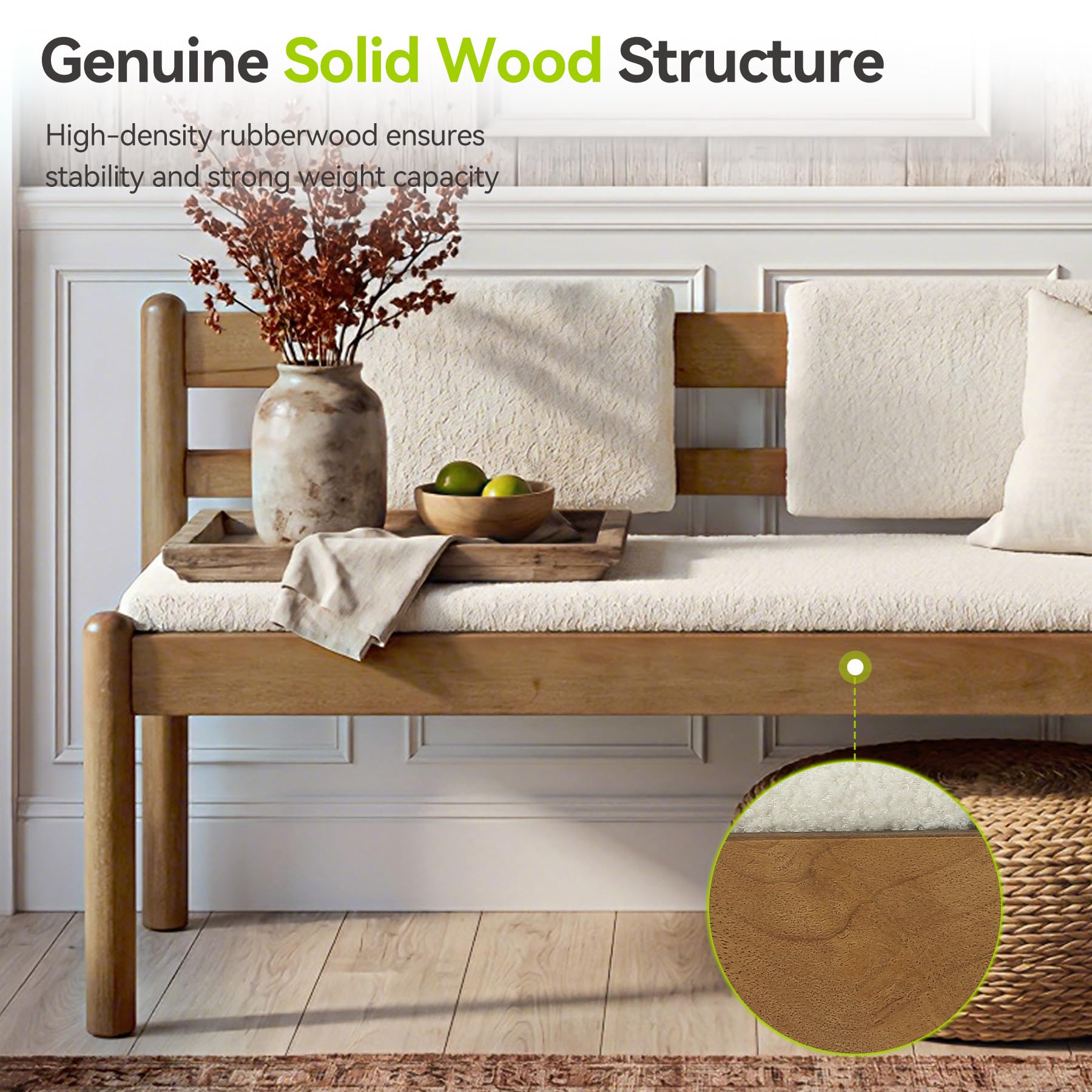 LITTLE TREE Solid Wood Entryway Bench, 49" Dining Bench with Back, Wood Settee Bench with Upholstered Seat, Farmhouse Bedroom Bench for End of Bed, Dining Room, Mudroom, Entryway, White + Walnut Brown