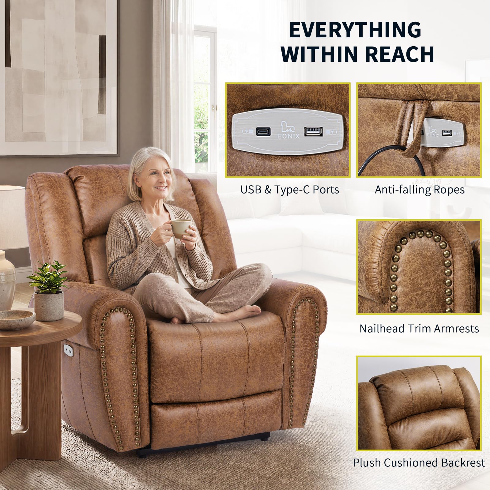 EONIX Classical Large Power Lift Recliner Chair for Elderly with Heat and Massage, Dual Motor Lay Flat Electric Lift Chair Recliner for Adults, Living Room, Bedroom, SLRY005061, Nut Brown