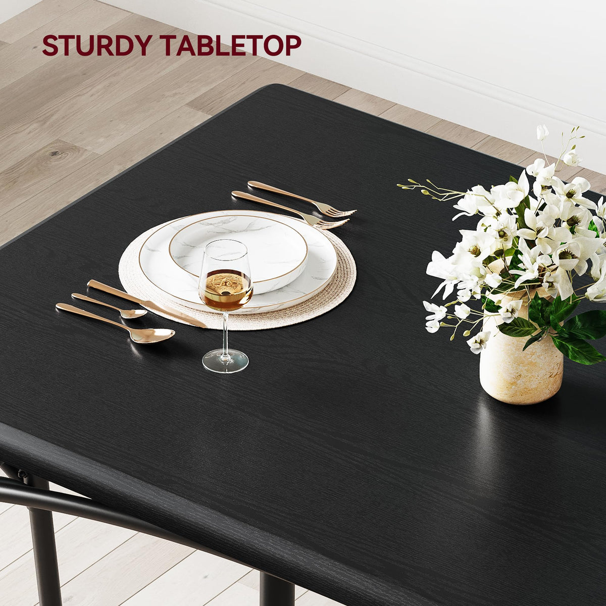 Takywep Farmhouse Dining Table Set for 4, Compact 5-Piece Wooden Kitchen Table with 4 Padded Chairs, Small Rectangular Table and Chairs Set of 4, Ideal for Apartments and Small Living Spaces, Black