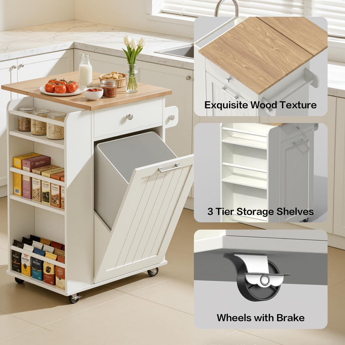 spanspace Kitchen Island with Trash Can Storage & Drop Leaf, Portable Kitchen Island on Wheels, Rolling Island Table for Kithchen