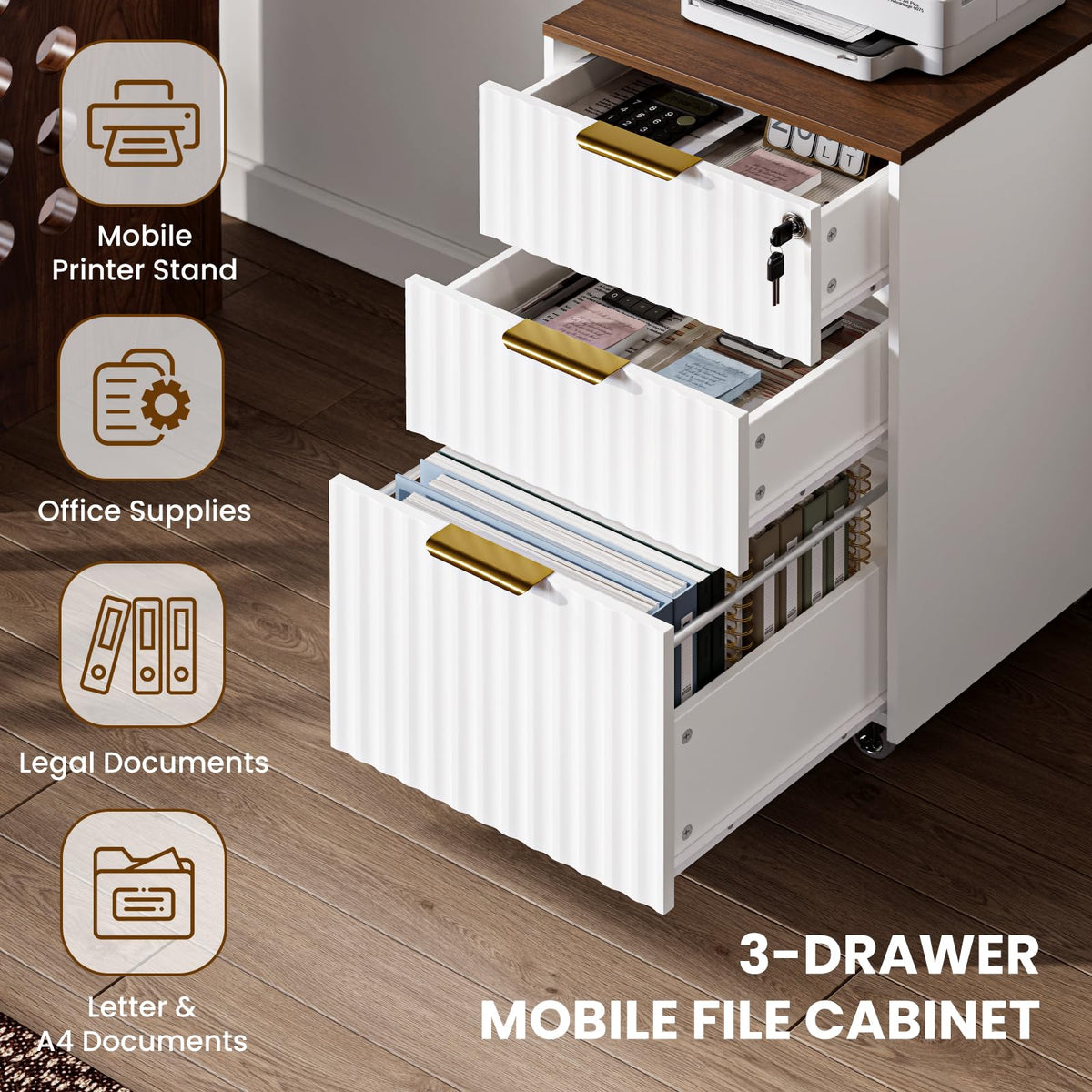 EXPERLAM 3 Drawer Mobile File Cabinet with Lock, Under Desk Filing Cabinets