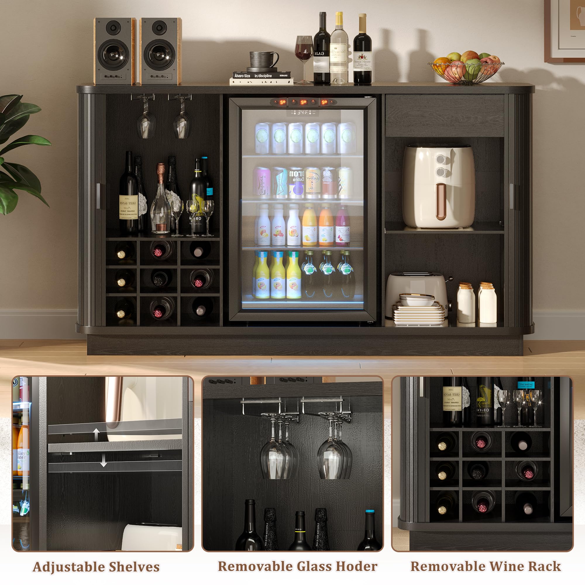 Lurinthal Coffee Bar Cabinet with Fridge Space, Liquor Wine Bar Cabinets with Wine Rack and Glass Holder, Mini Fridge Cabinet with Storage, Fluted Buffet Sideboard for Living Room, Home, Kitchen