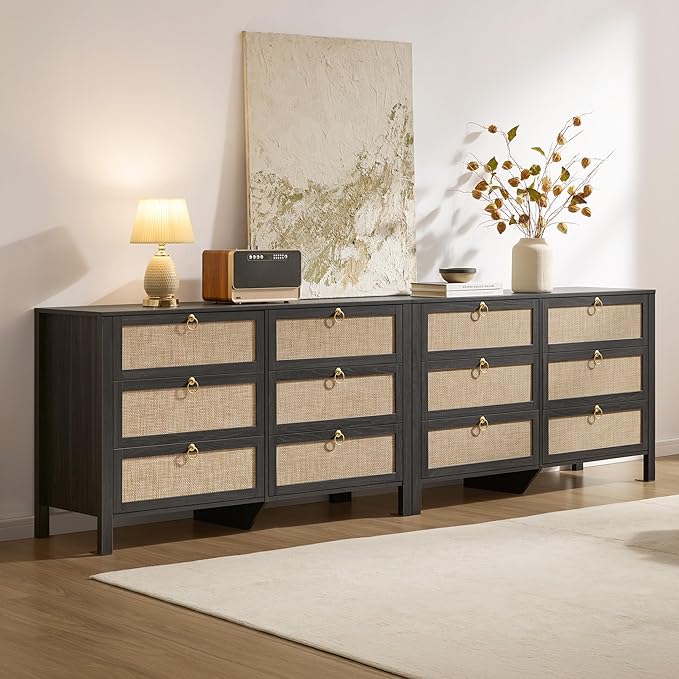 6-Drawer Boho Rattan Dresser – 51" Wide, Black Oak