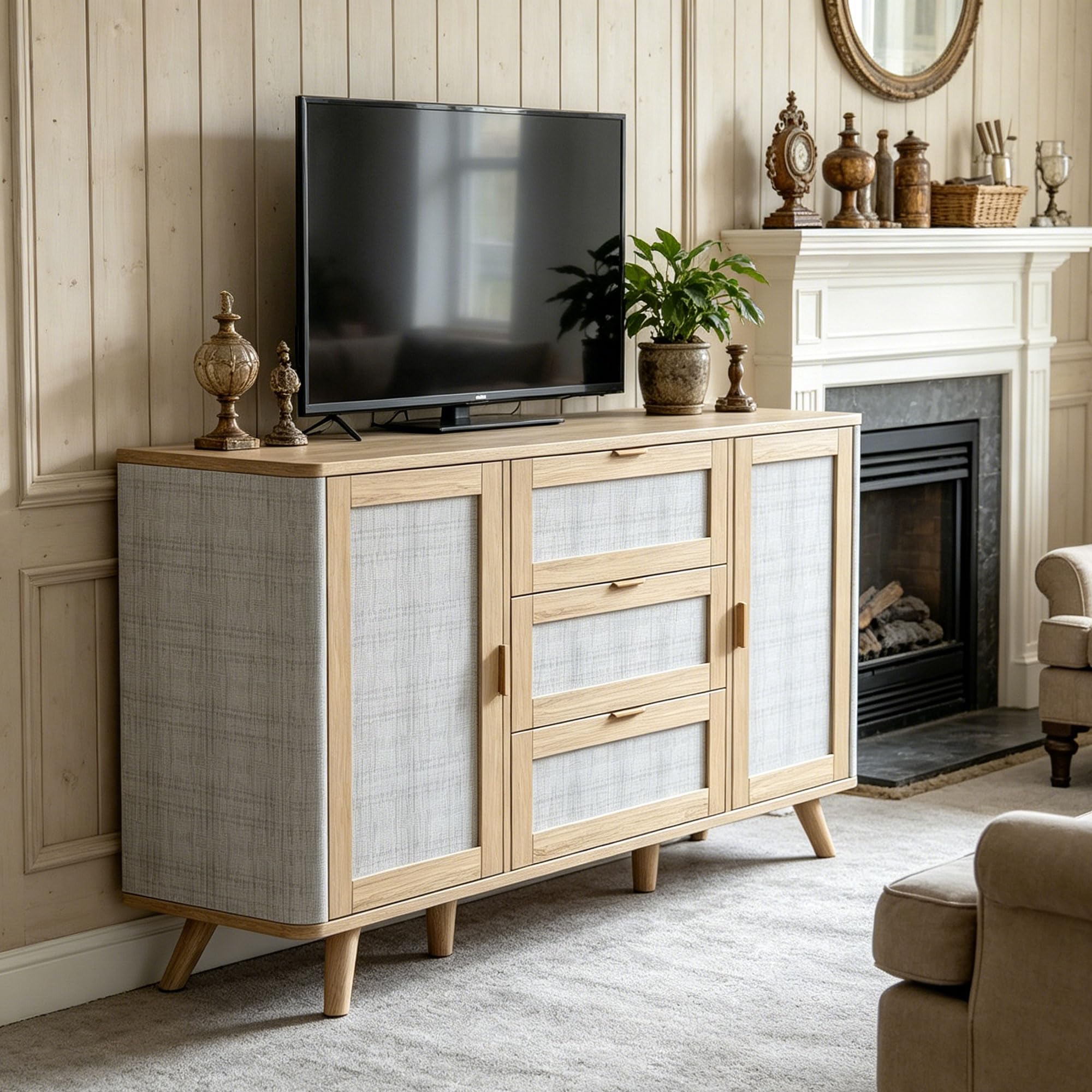 FAVSH 63" Large Farmhouse Storage Cabinet with 3 Drawers 2 Doors, Wood Buffet Sideboard Cabinet Coffee Bar for Kitchen, Living Room