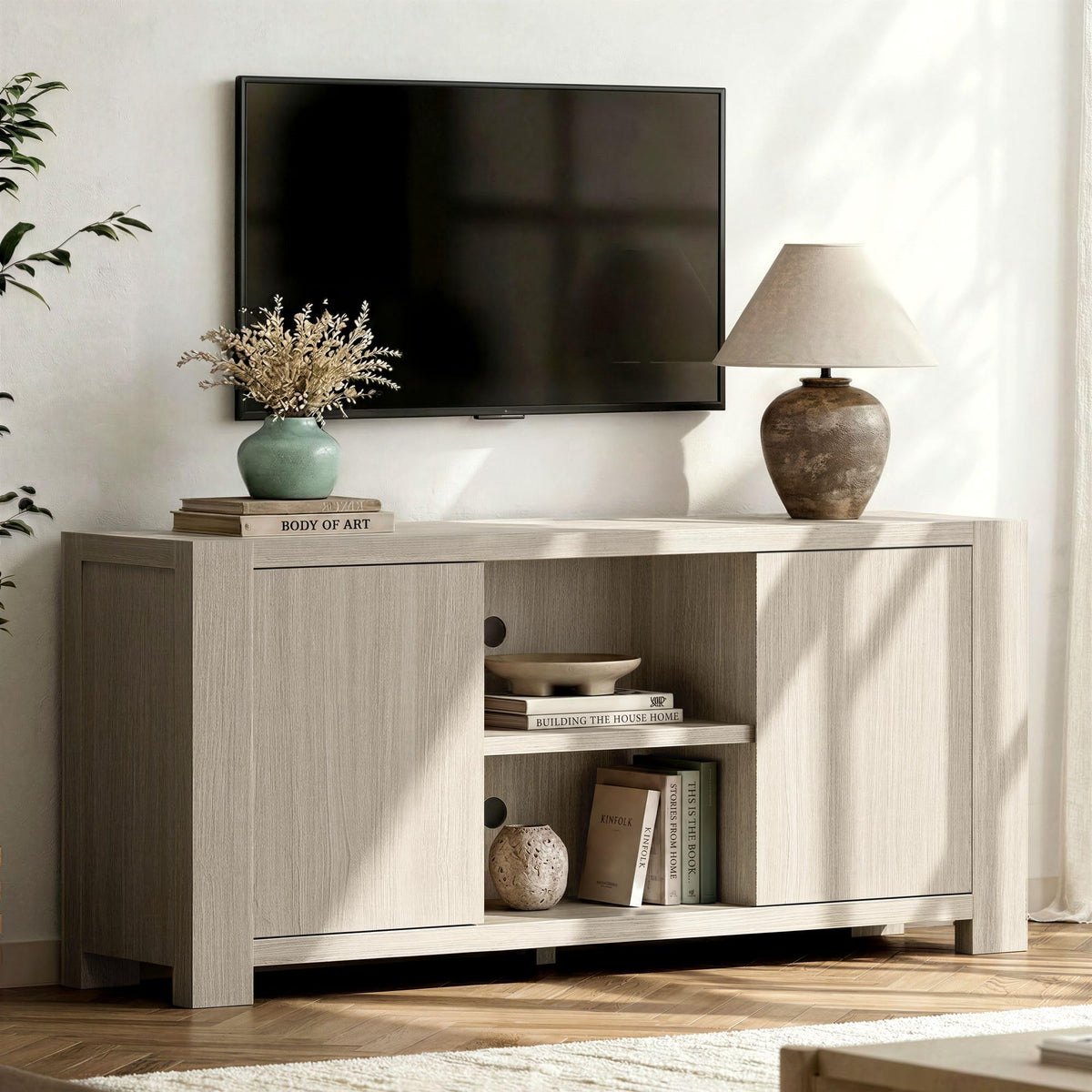 ModernMate 58'' TV Stand for TVs Up to 65'', Entertainment Center with Outlet, 2 Storage Cabinet, Wood Television Media Console Cabinet with Adjustable Shelf for Living Room, Bedroom, White Oak Gray