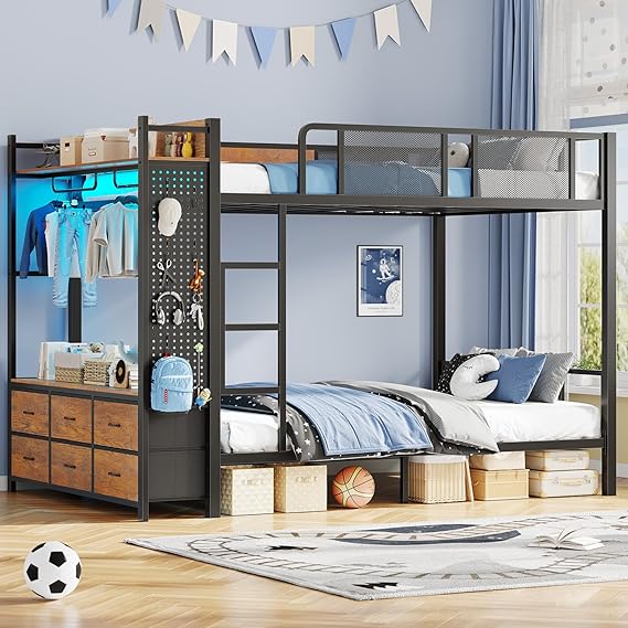 Metal Bunk Bed with Storage Drawers, LED Lights & Hall Tree
