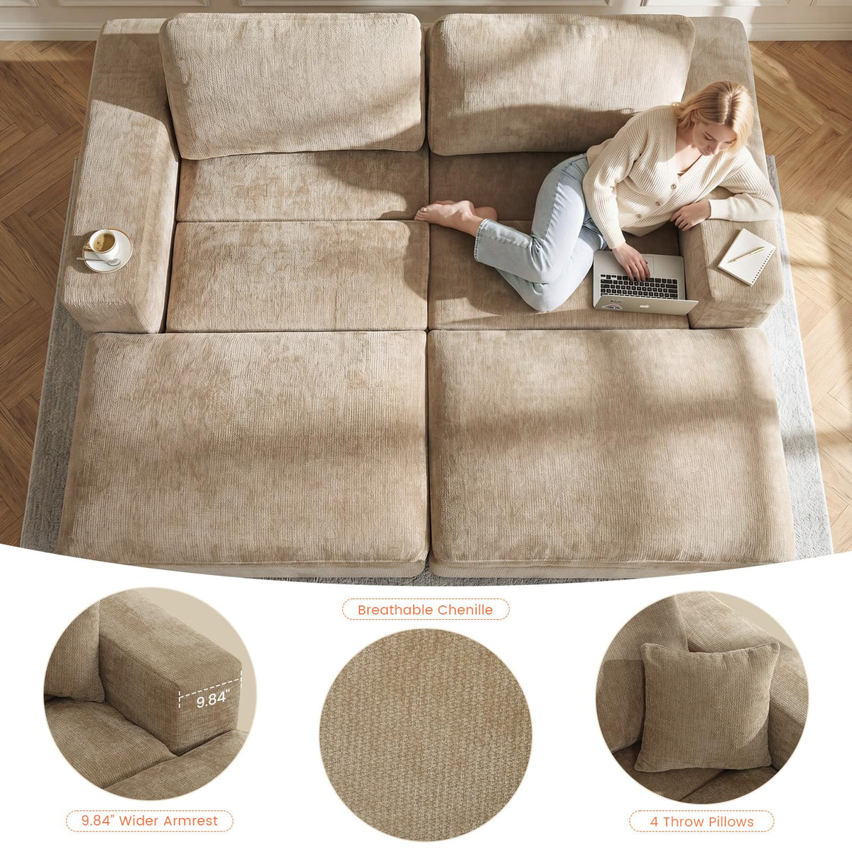 Mifnas 81" Oversized Double Chaise Lounge, Cloud Boneless Sofa Bed, Khaki