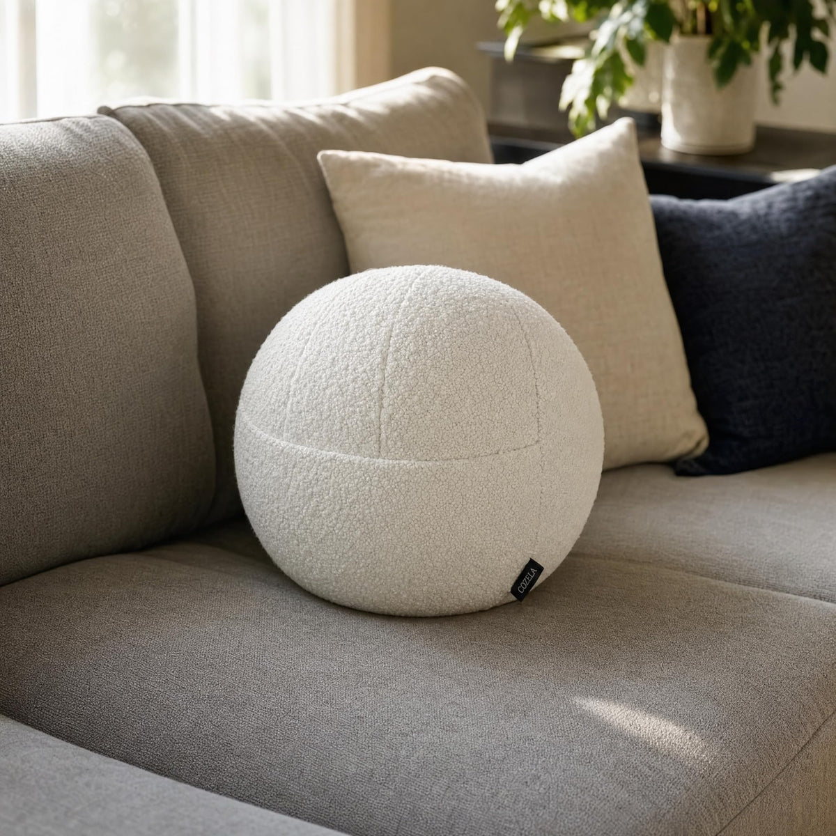 COZELA Orb Bouclé Sphere Pillow, 12 Inch Ergonomic Back & Arm Support, 600 GSM Textured Décor Throw Pillow with Hidden Pocket, White