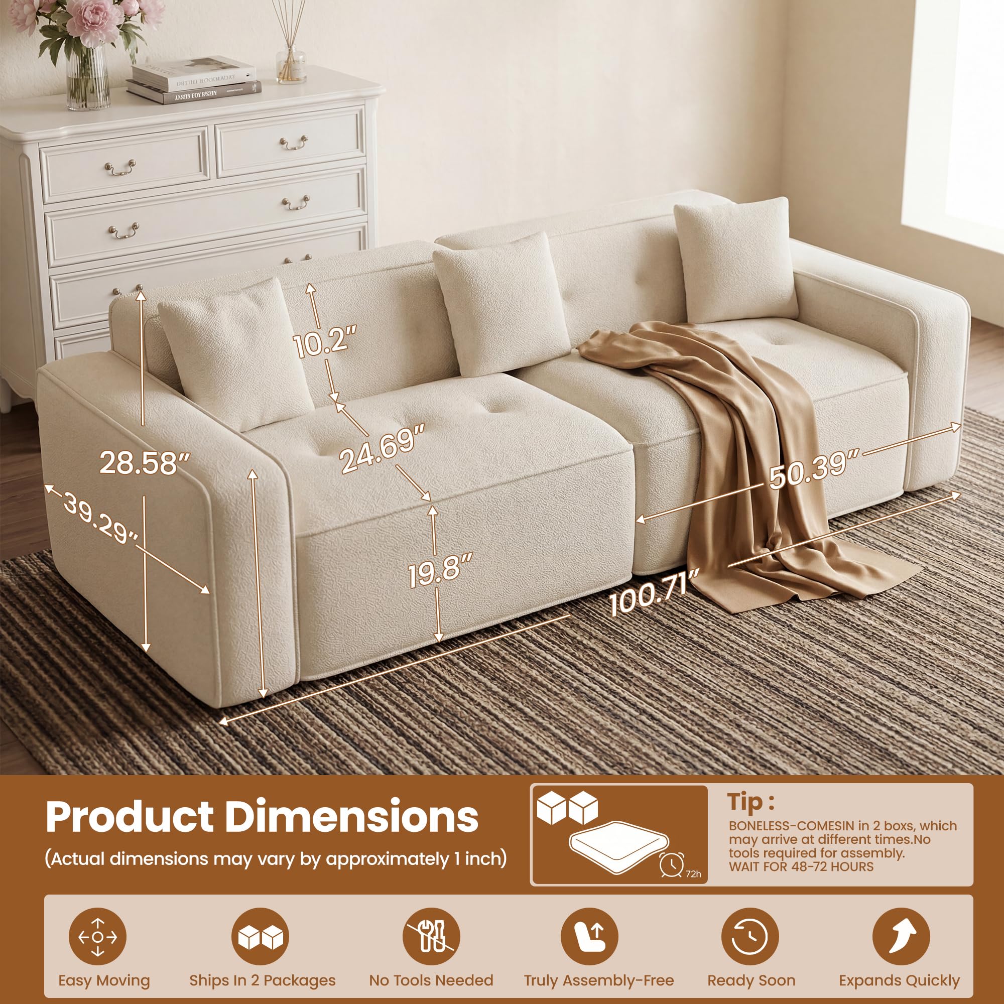 100" Cloud Boneless Loveseat – 2-Seater Foam Sofa