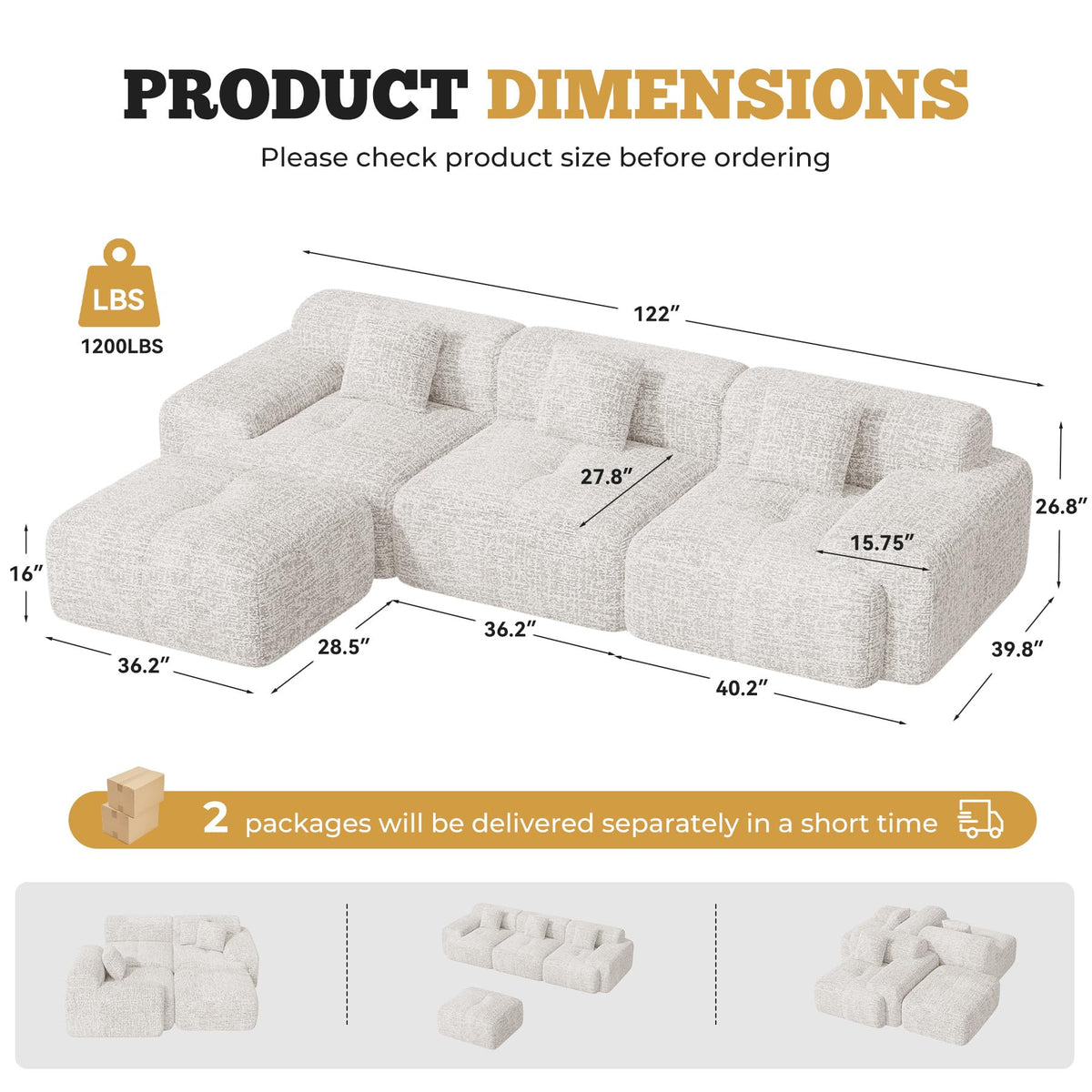 122" Modern L Shaped Modular Sectional Sofa, Boneless Couches for Living Room with Ottoman,4 Seater Convertible Chenille Cloud Couch Sofa Set, No Assembly Required, Beige 1 PCS