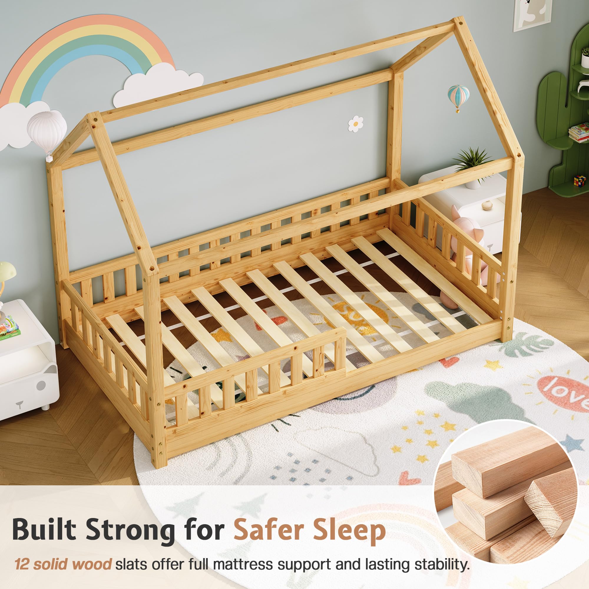 Jocisland Twin Size House Bed for Kids, Montessori 100% Wooden Floor Bed Frame with Guardrails, Removable Rails, Playhouse Roof, Easy Assembly, Toddler Floor Bed for Boys & Girls, Natural Wood