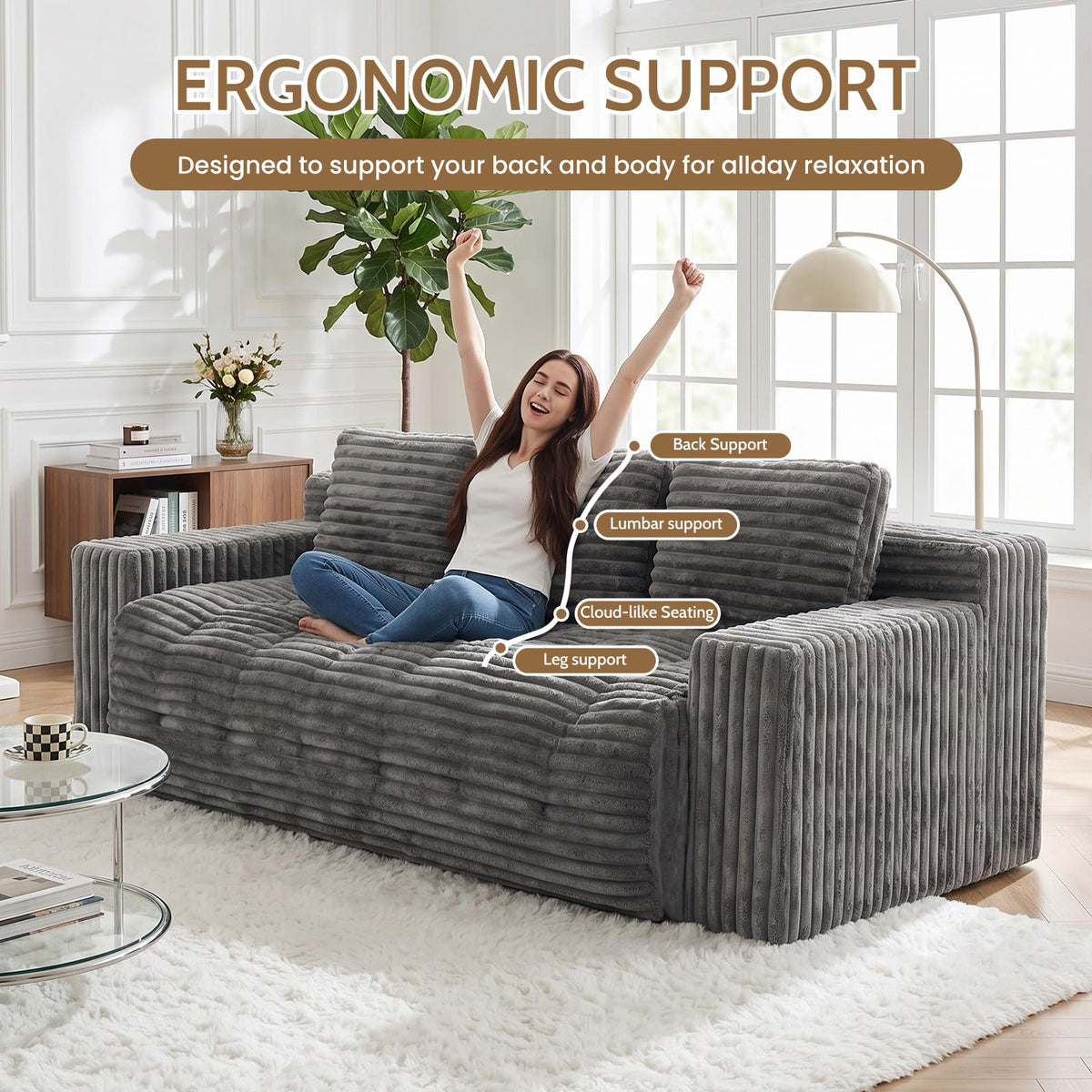 Tykacna 70” Boneless Couch, 3 Seater Sofa Couch with Extra Deep Seats 3 Pillows,Corduroy Modern Small Couch for Living Room, Office, Bedroom, Apartment,Grey