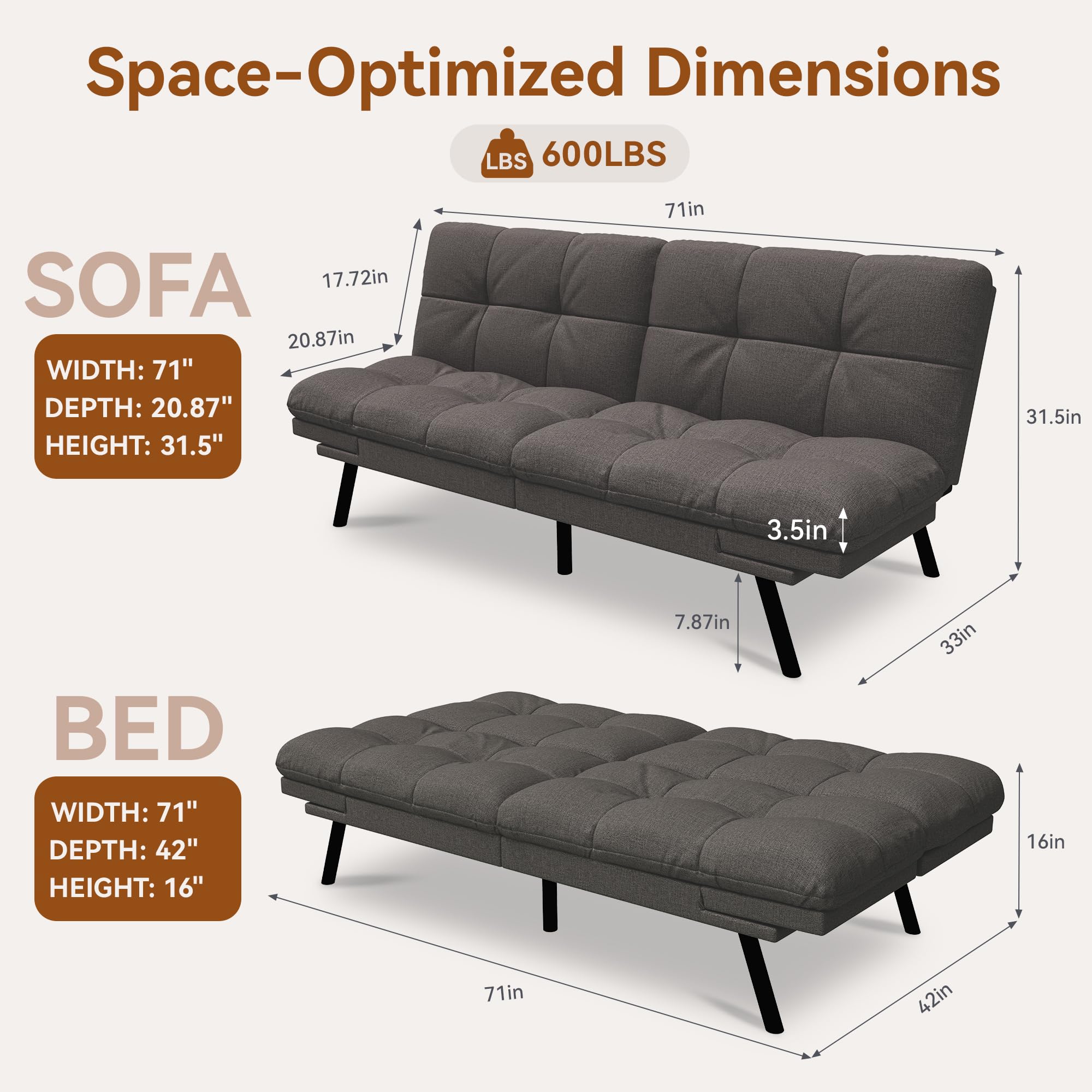 Convertible Futon Sofa Bed with Adjustable Backrest & Armrests