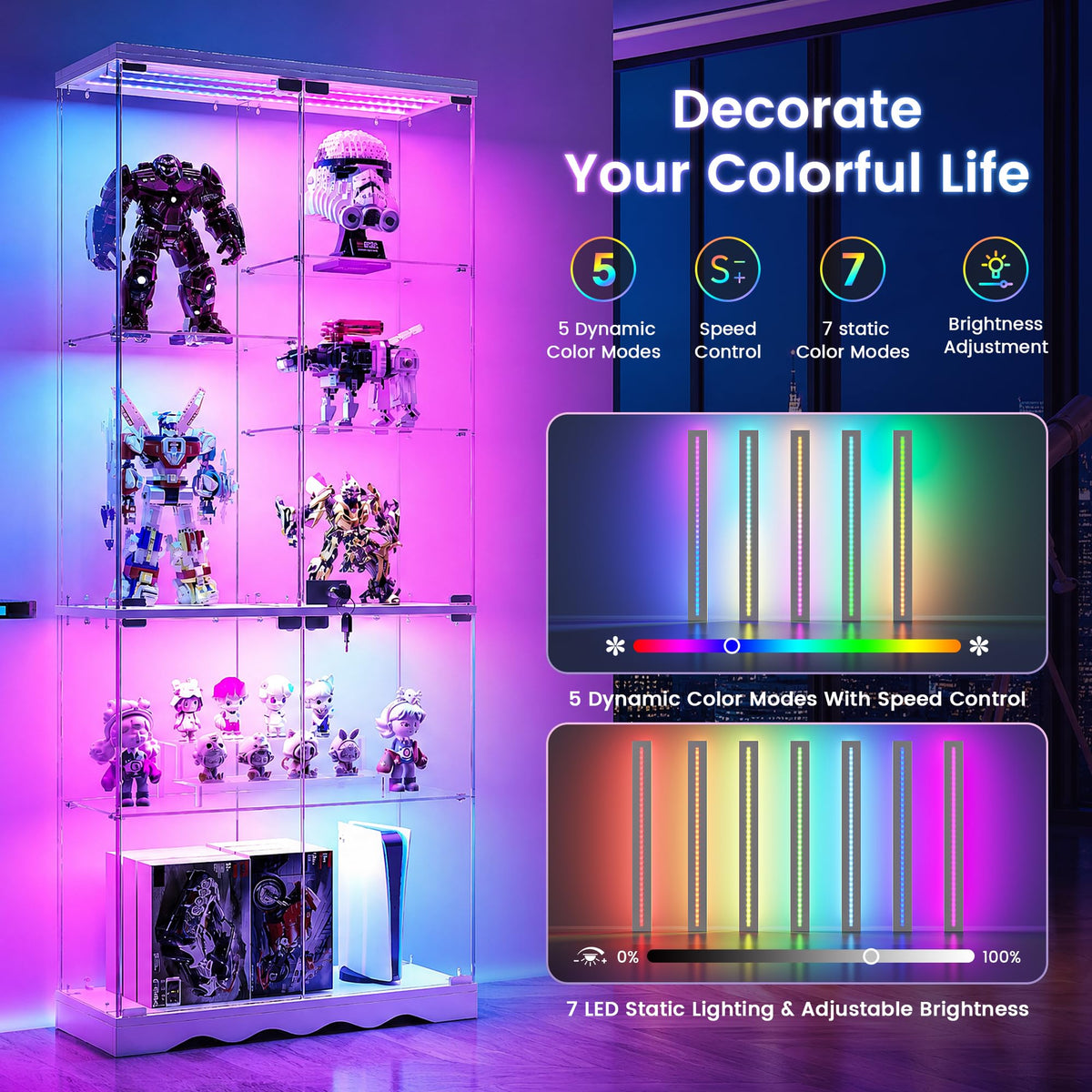 Dystler Glass Display Cabinet with Lights, 66.9" Inch 7-Tier Curio Cabinet