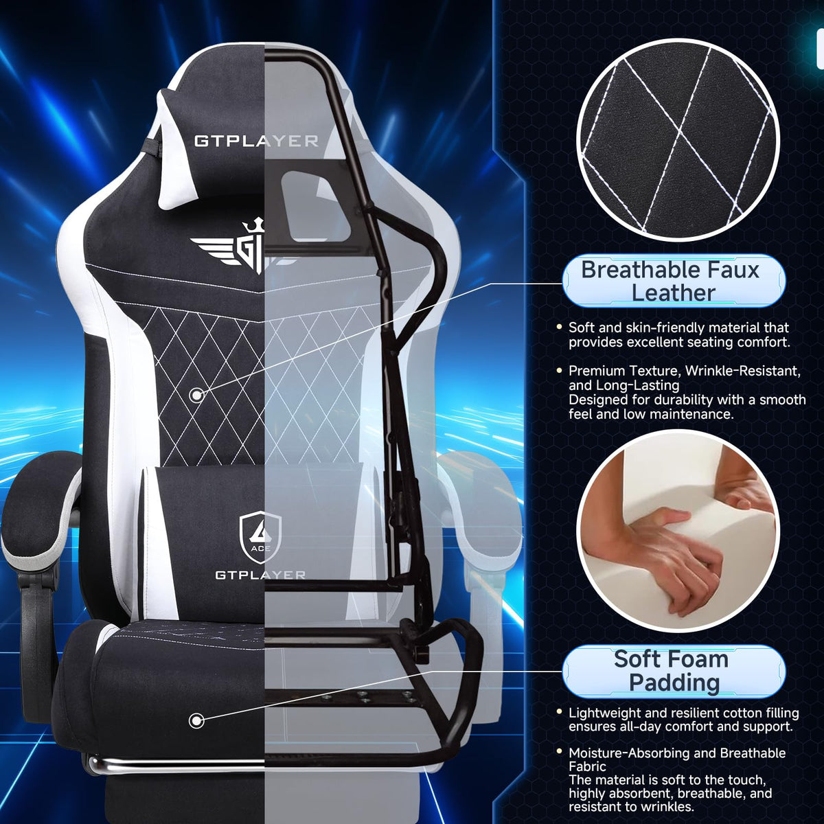 Black Fabric Gaming Chair with Footrest