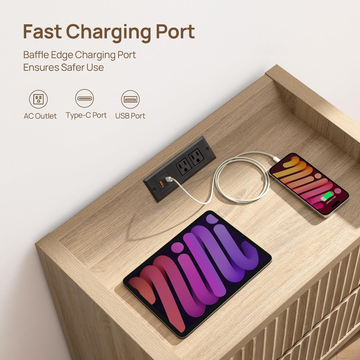 Fluted Nightstand Set with Charging Station