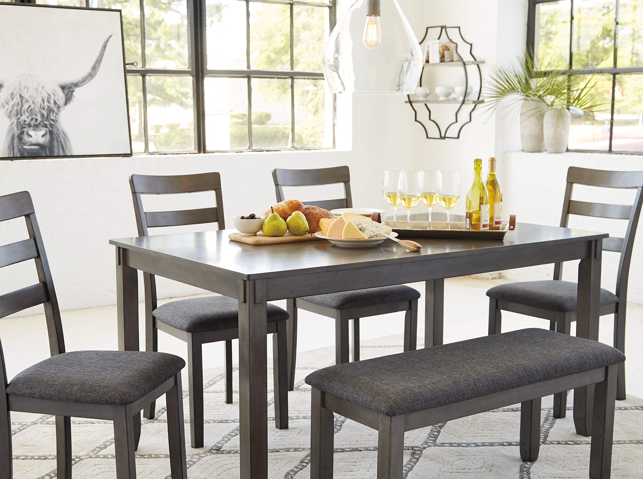 Signature Design by Ashley Bridson Dining Table Set For 6 With Bench, Wood 6‑Piece Kitchen Table And Chairs With Upholstered Seats, Transitional Charcoal Gray Dining Room Collection For Family Meals