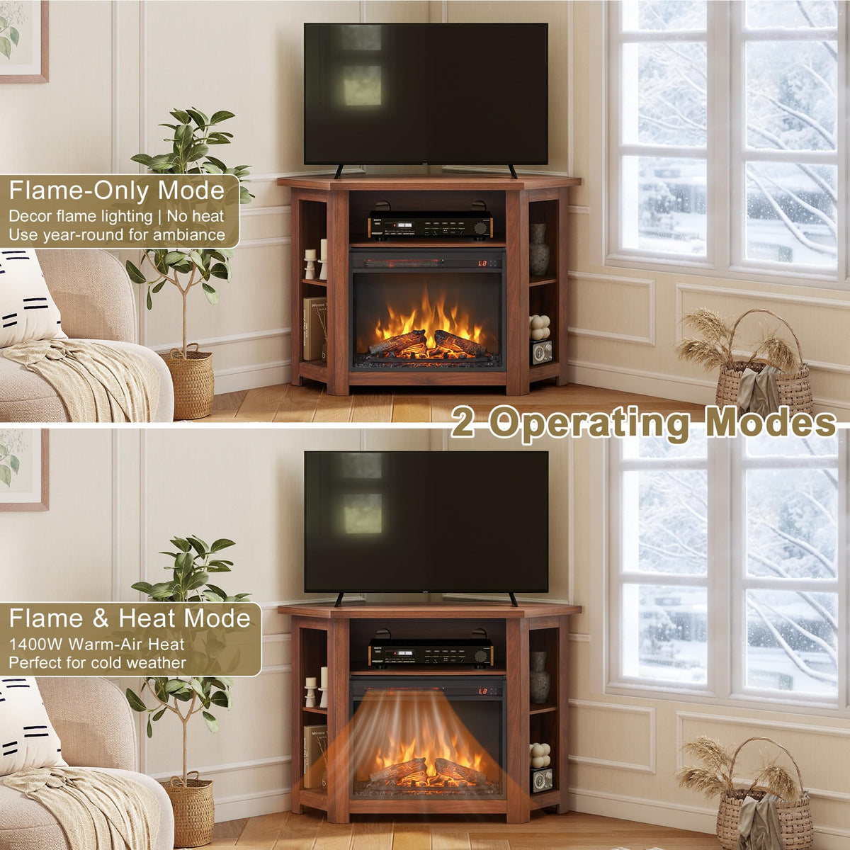 Corner Fireplace TV Stand, TVs up to 50", 44" Electric Fireplace (Walnut)