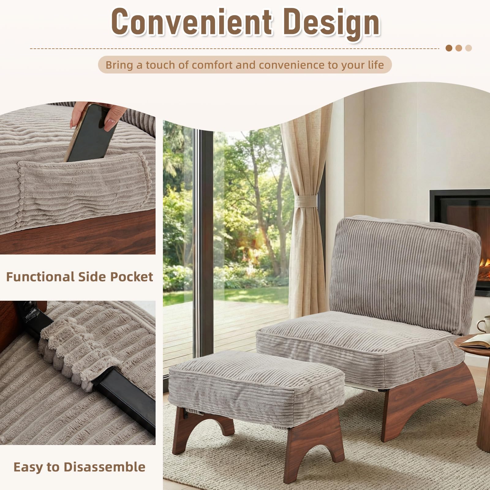Corduroy Accent Chair with Ottoman & Adjustable Backrest