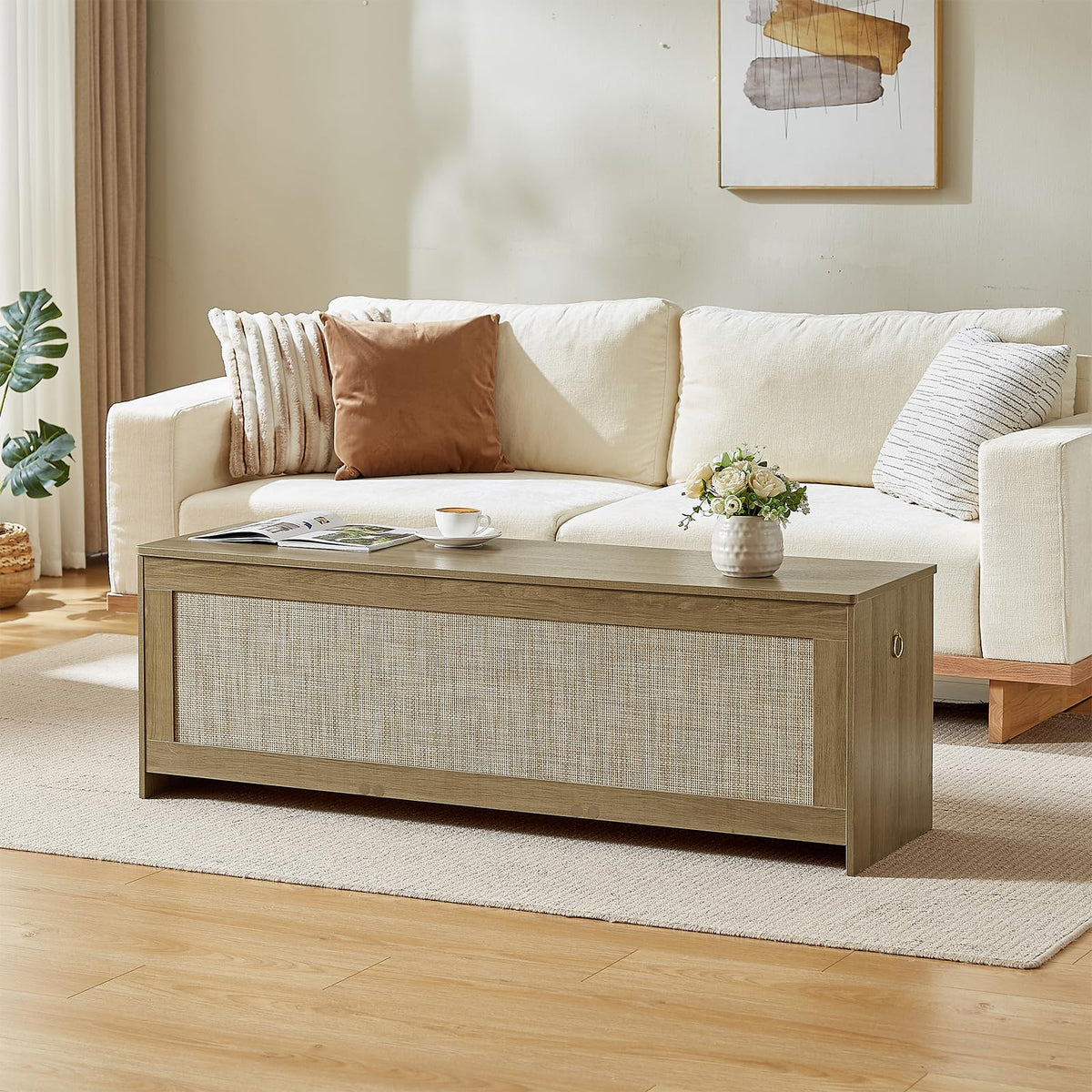 ZenFang 55.1" Storage Chest Extra Large,Rattan Storage Bench(Cherry Brown)
