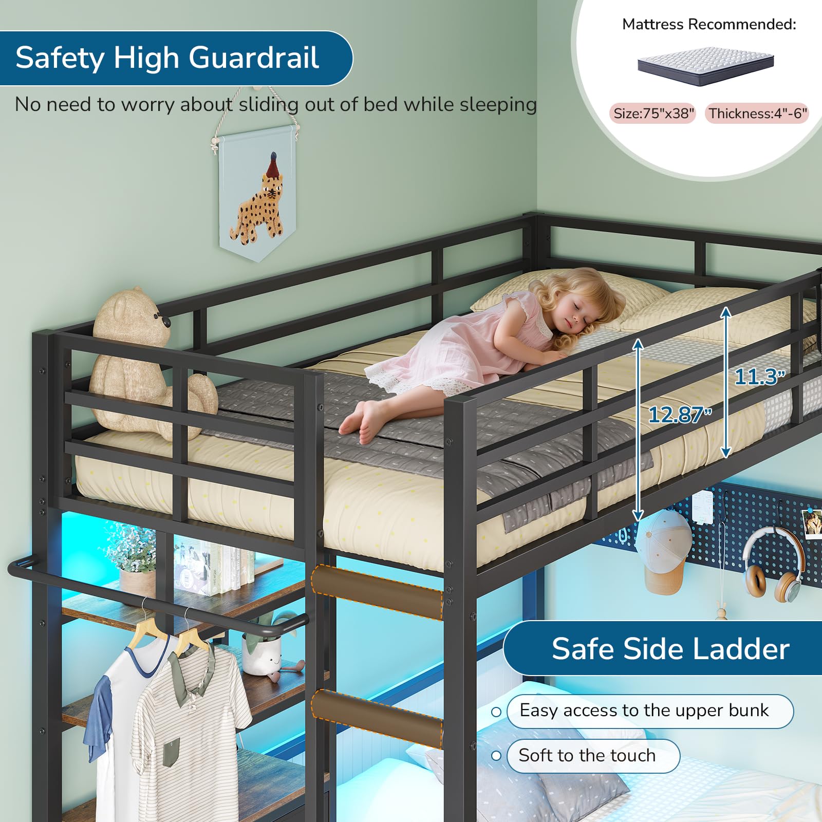 Twin Over Full Bunk Bed with Storage & LED Lights