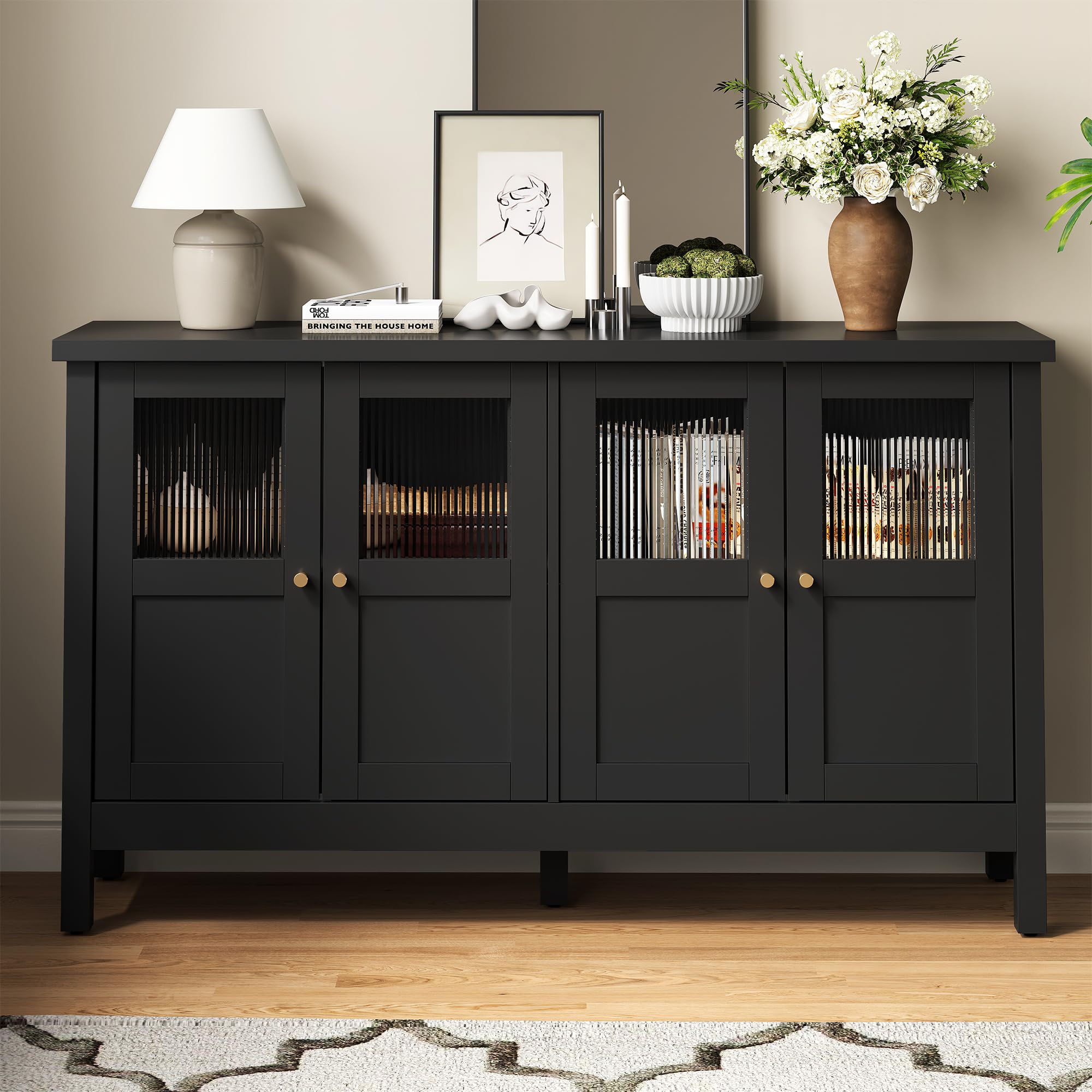 RoyalCraft Buffet Cabinet with Storage, Modern Sideboard with 4 Acrylic Doors & Adjustable Shelves, Wood Credenza Accent Coffee Bar Table for Kitchen, Dining Room, Living Room, Entryway, Black