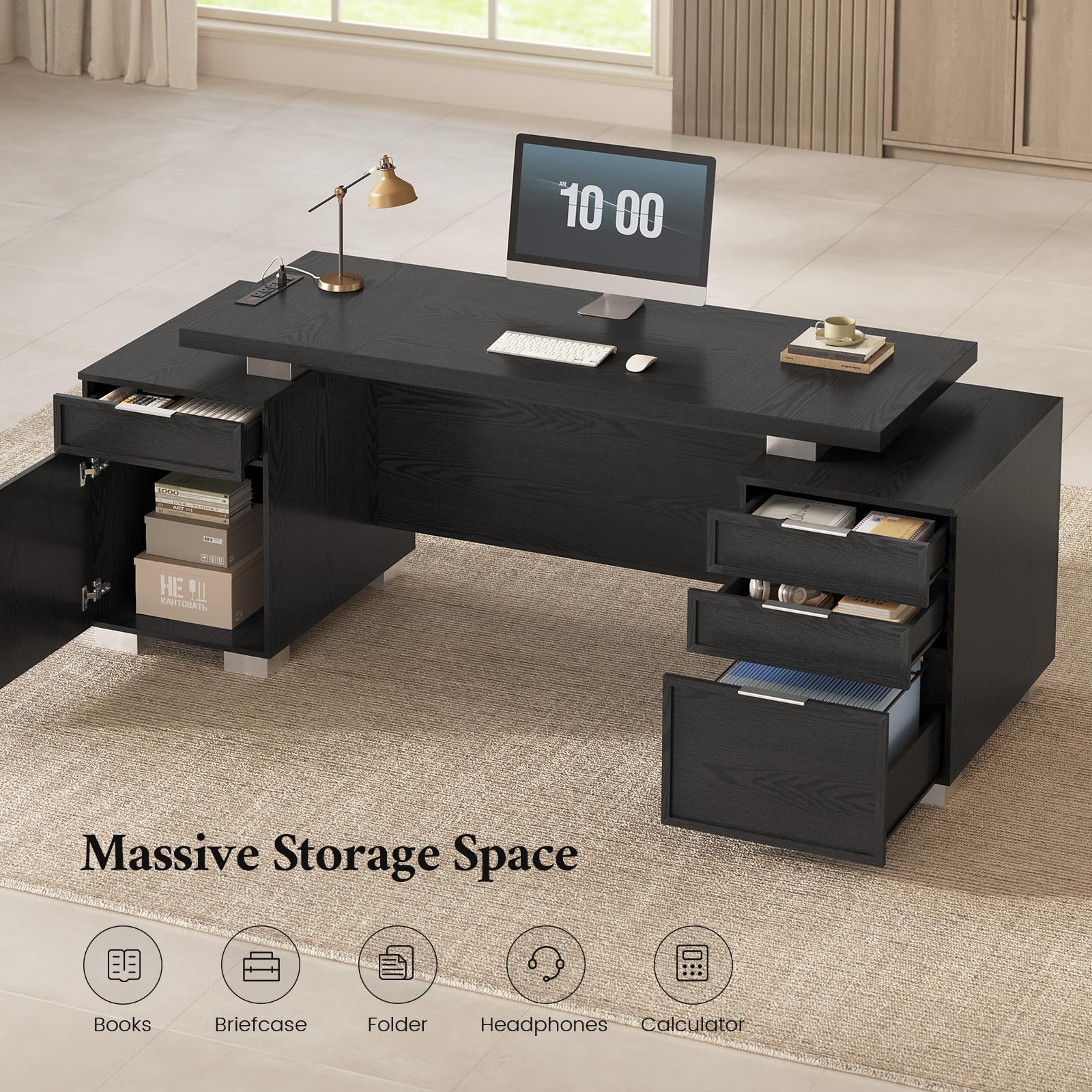 80.6" Executive Desk with Power Outlet & Storage