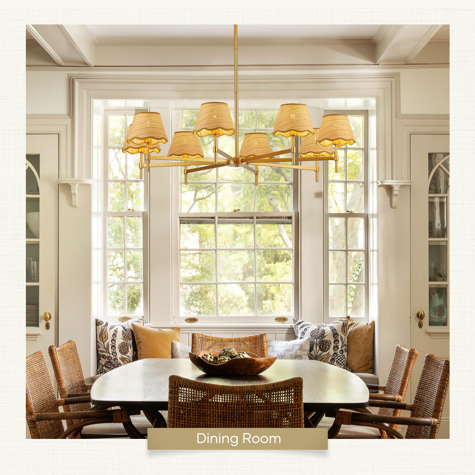 Aol furin 8-Light Boho Rattan Chandelier with Woven Shades, 43” Brass Gold Light Fixture for Dining Room,Adjustable Rustic Pendant Light for Kitchen Island Living Room Entryway,E12.