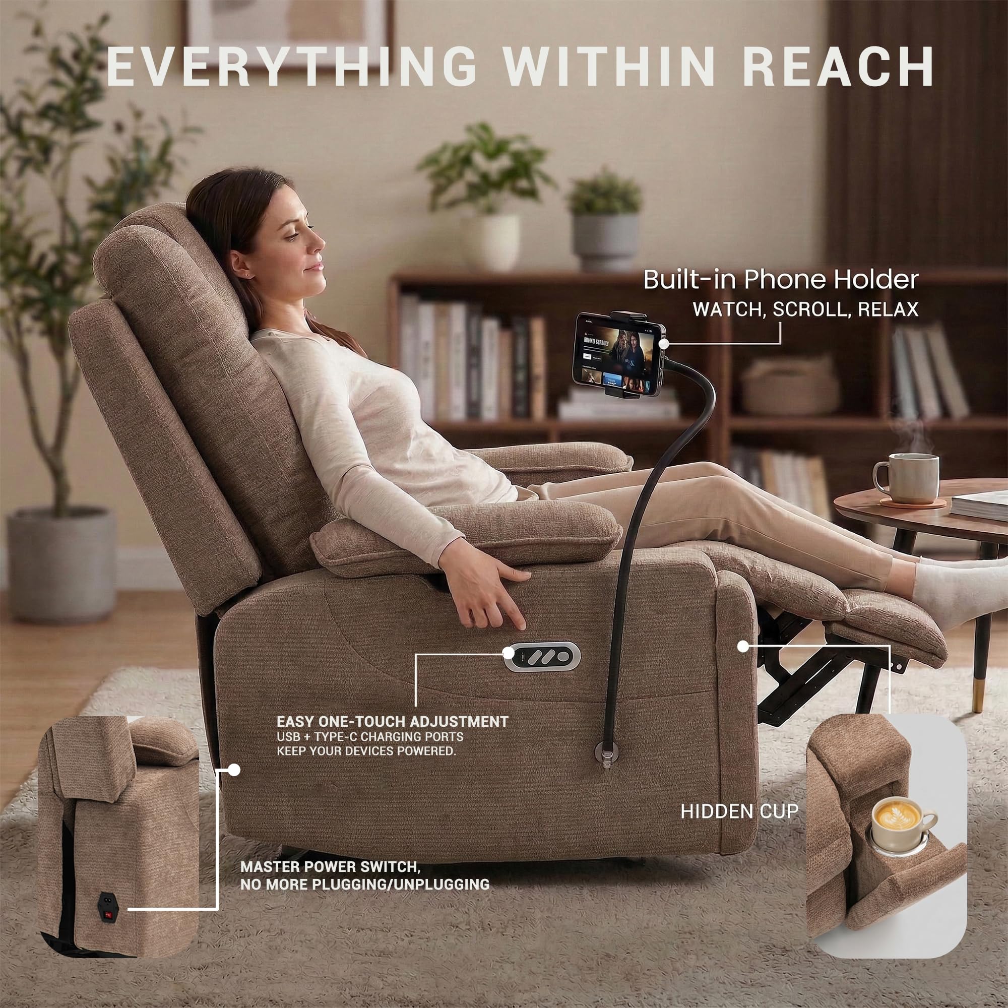 ZORRTIK Oversized Dual Motors Recliner Power Lift Chair for Elderly Big Tall, Zero-Gravity Power Recliner Sofa, 350lbs Heavy Duty Seat with 4D Armrests, Full Lay-Flat Positioning, Phone Slot, Brown