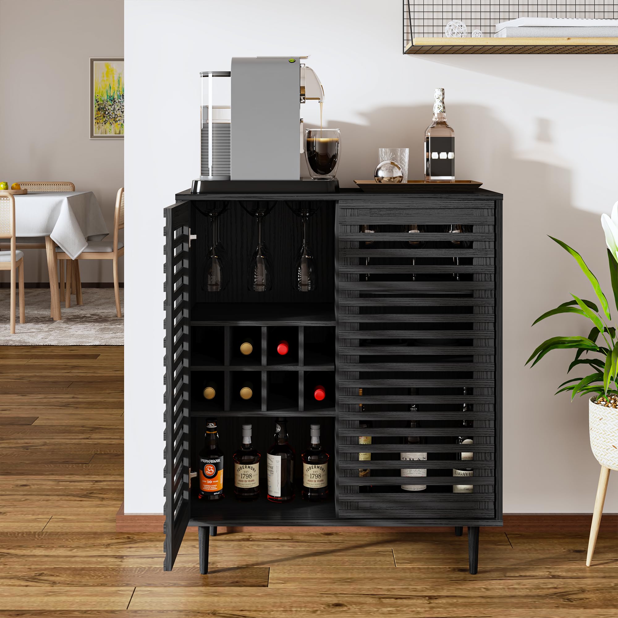 ZOSQUARE Mid Century Bar Cabinet with Wine Racks, Modern Liquor Cabinet with Slatted Doors for Dining Room, Living Room (Black)