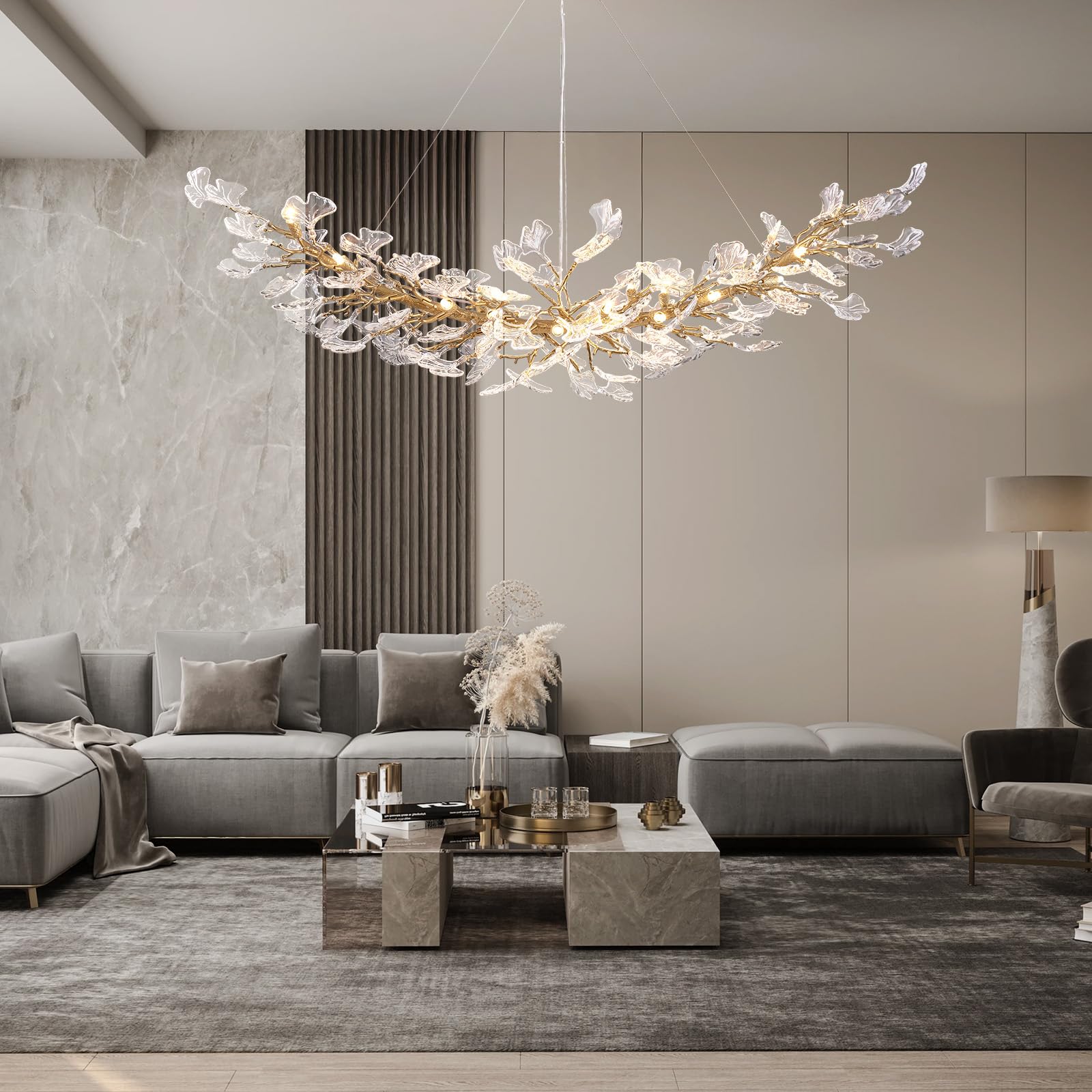 SHEKAITAO Modern Gold Crystal Chandeliers - L72 inch Rectangular Tree Branches Ceiling Pendant Light Fixtures, Natural Artistic-Style Ginkgo Leaf Chandelier for Dining Living Room Kitchen Island