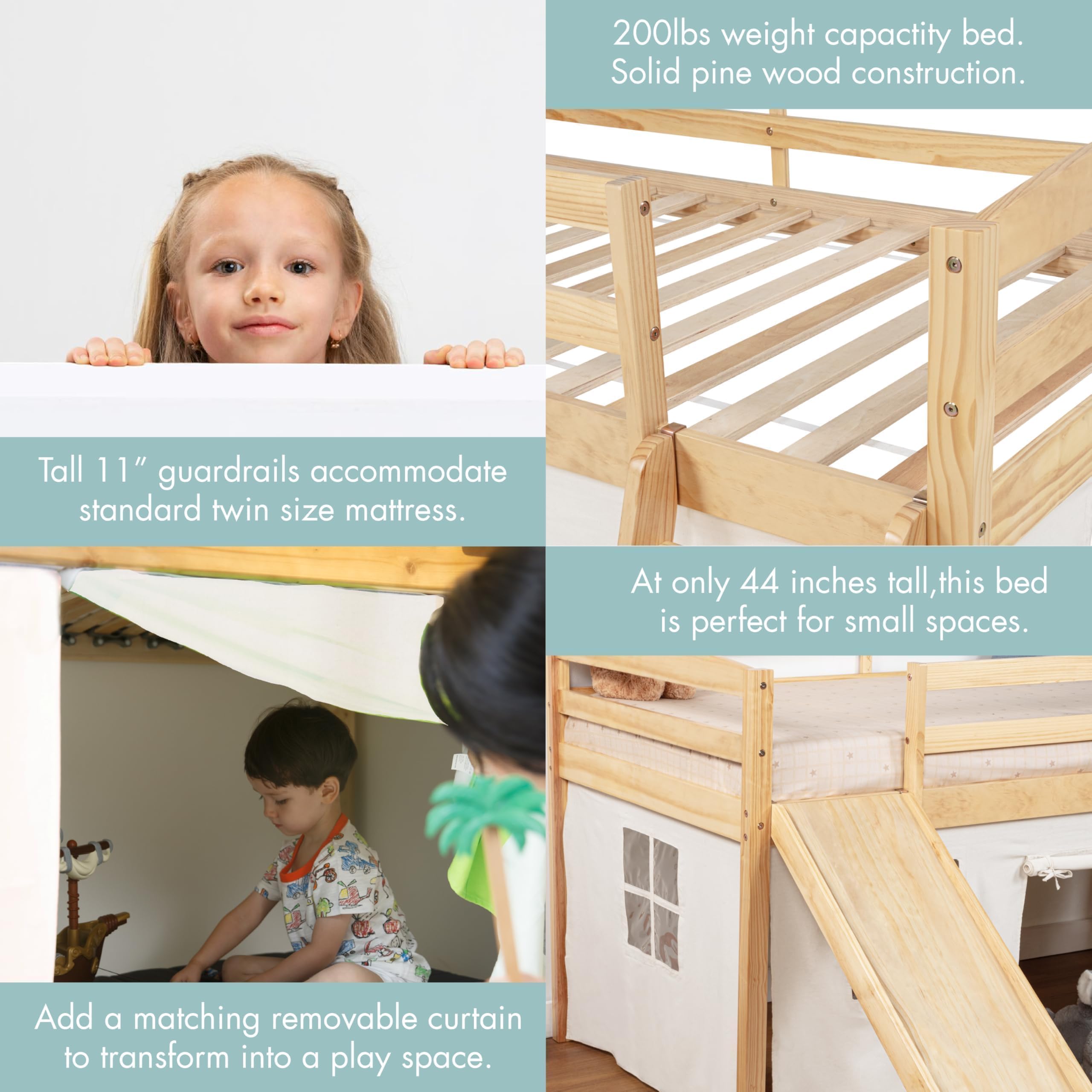 Kids Loft Bed with Slide & Tent