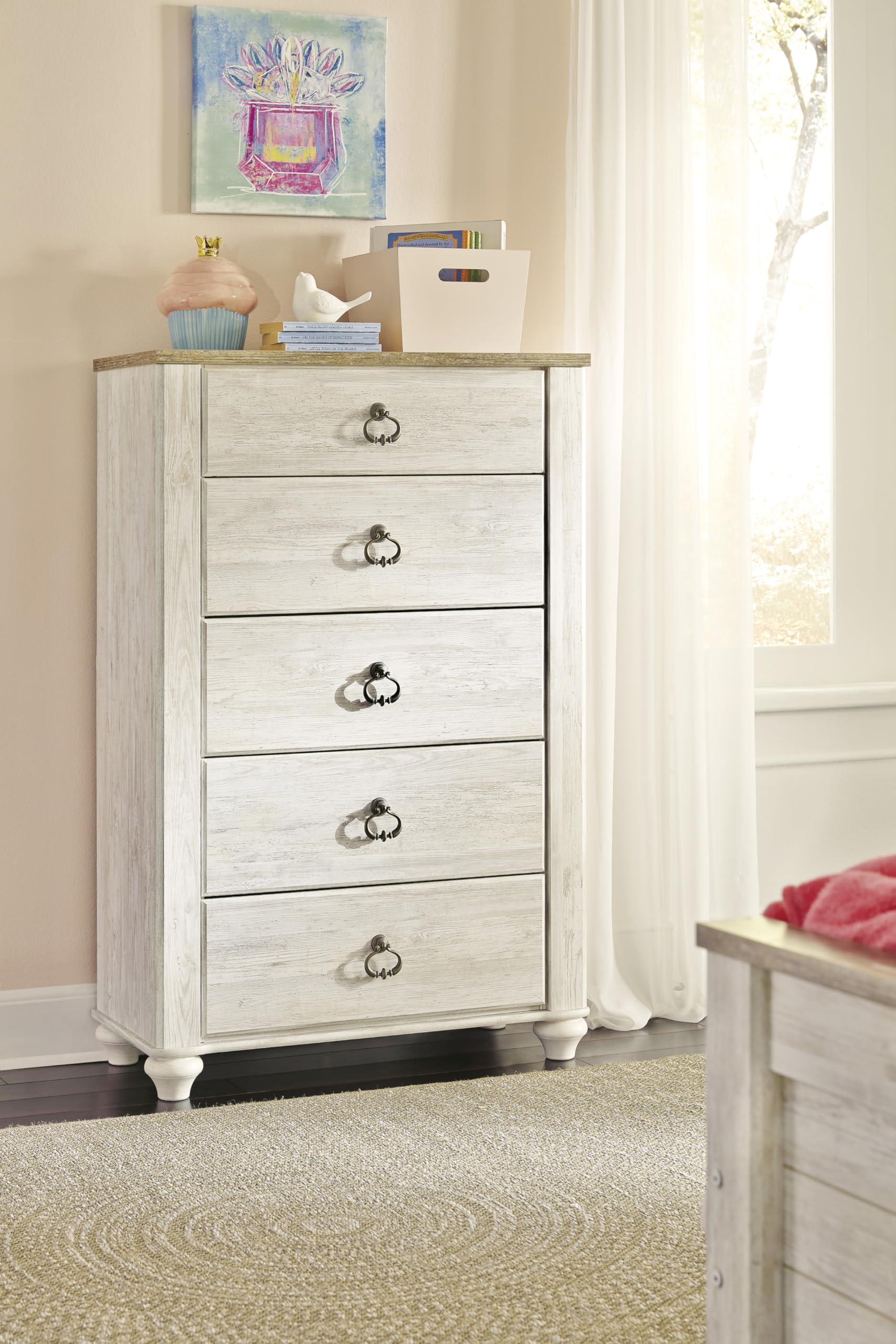 Signature Design by Ashley Willowton 5 Drawer Chest of Drawers, Two-tone Brown and Whitewash