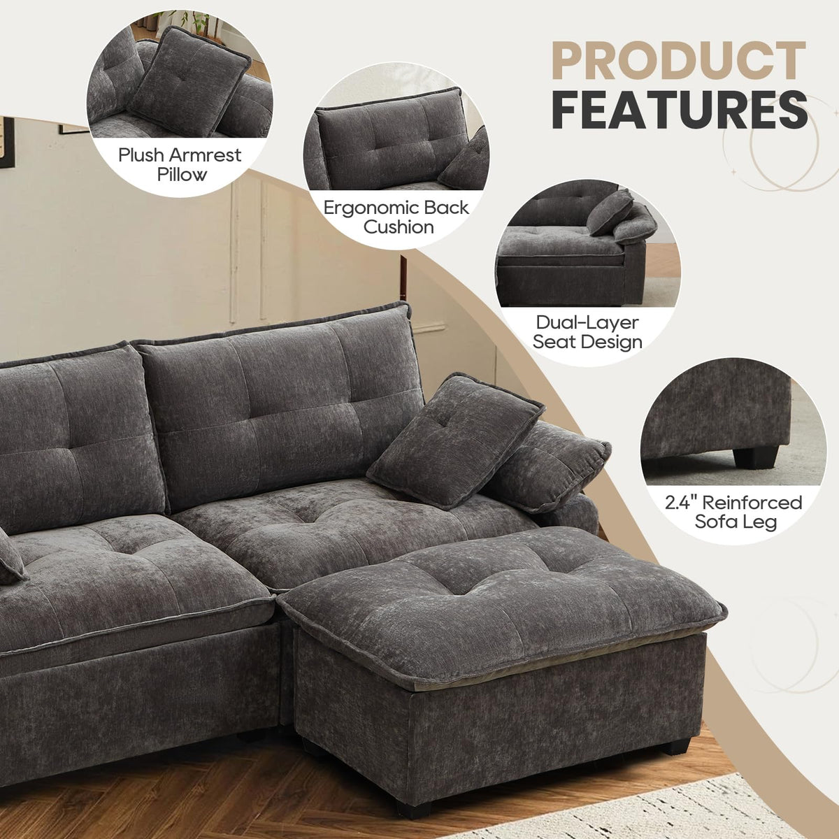Consofa 89'' L Shaped Modern Sofa Modular Sectional Cloud Couch with Ottoman, Comfy Chenille Deep Seat Sofa with Throw Pillows/USB, 2 Seater Couch for Living Room for Living Room, Office and Apartment
