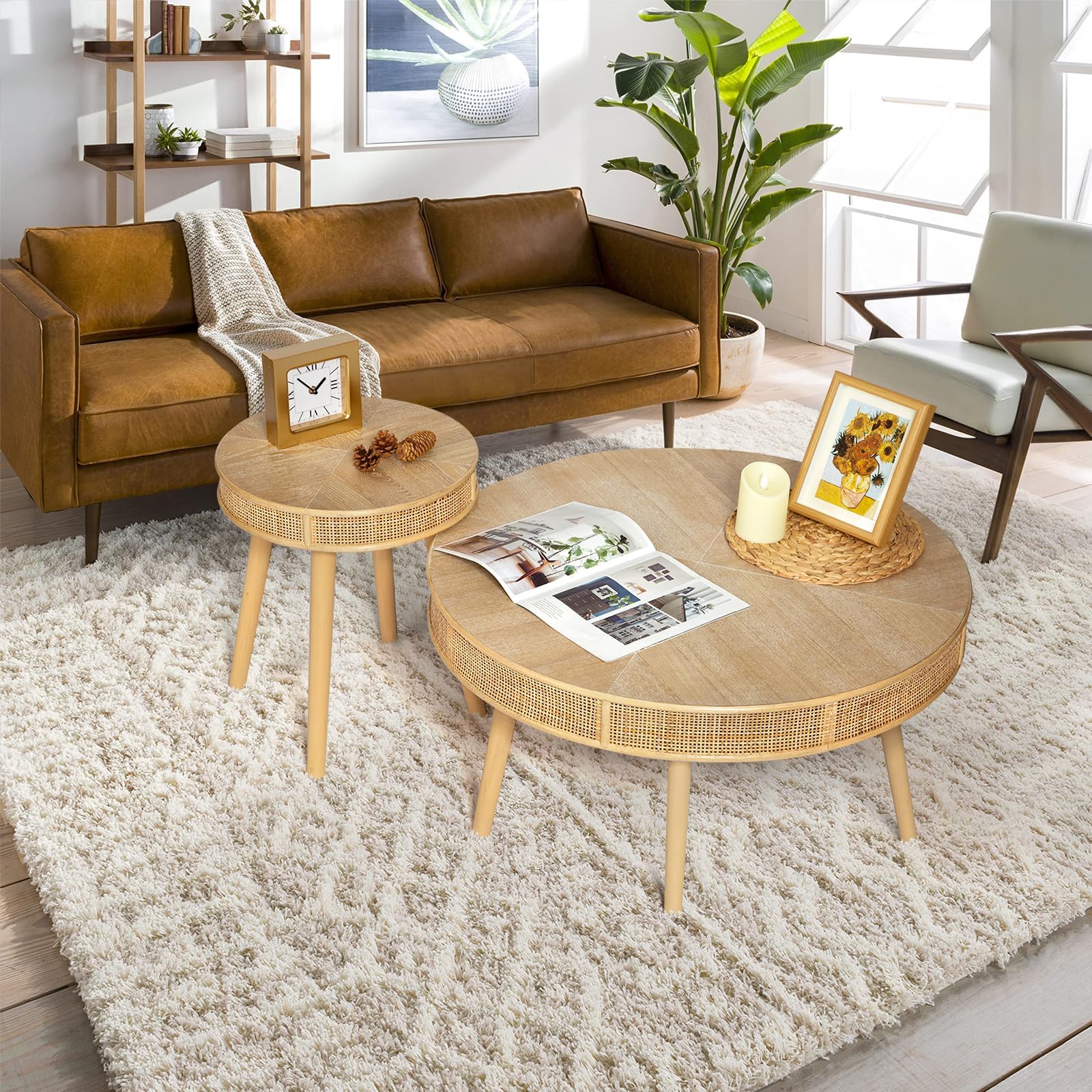 RUSTOWN 2-Piece Farmhouse Coffee Table, Modern Rustic Sofa Side Tea Tables, Solid Wood Finish with Crafted Rattan Side and End Table Sets for Living Room (Natural)