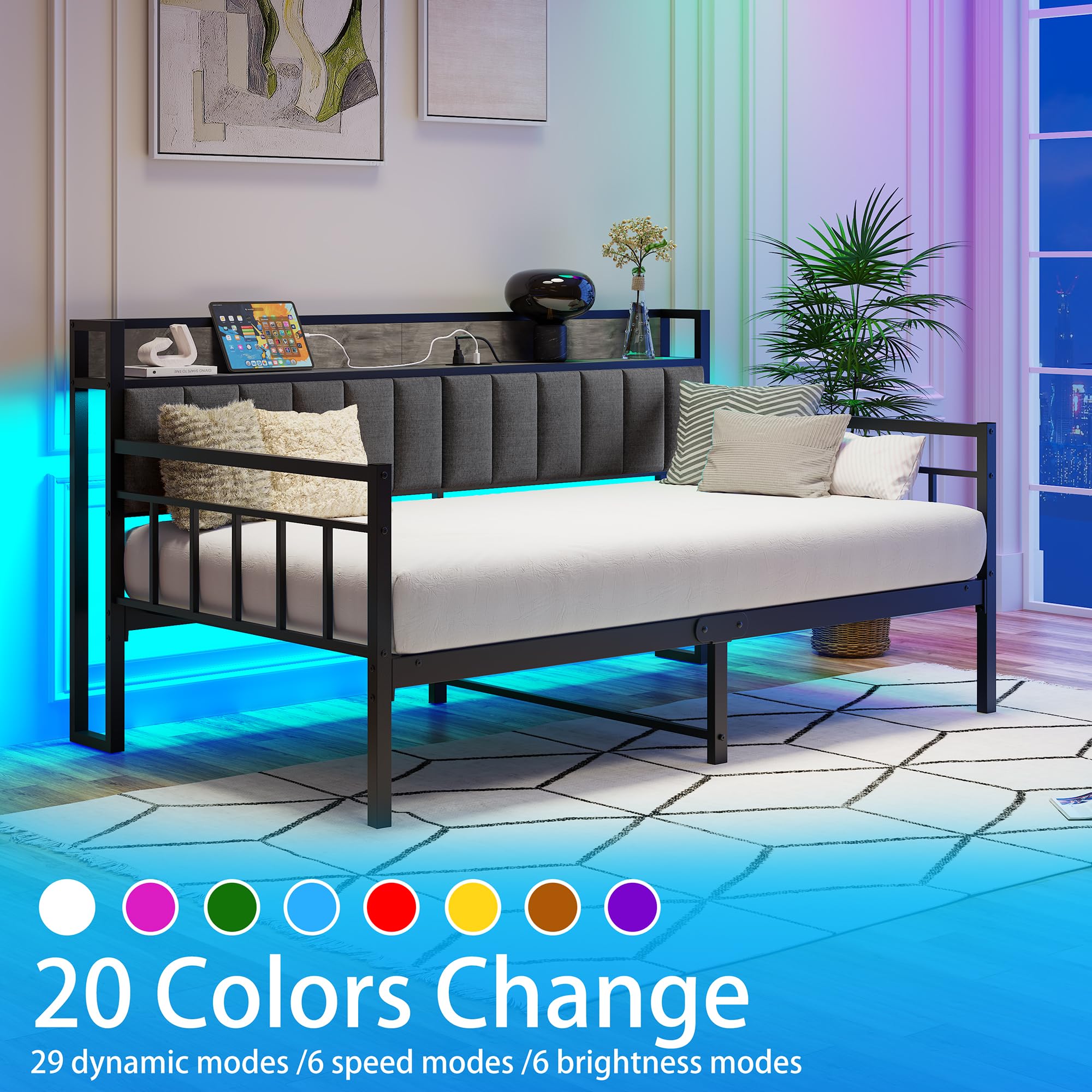 BOFENG Metal Daybed Frame Twin Size with Charging Station,LED Light,Metal Twin Bed Frame with Upholstered Headboard with Strong Steel Slats for Living Room,Bedroom and Guest Room