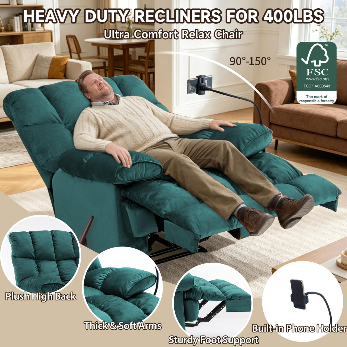 Oversized Teal Manual Recliner