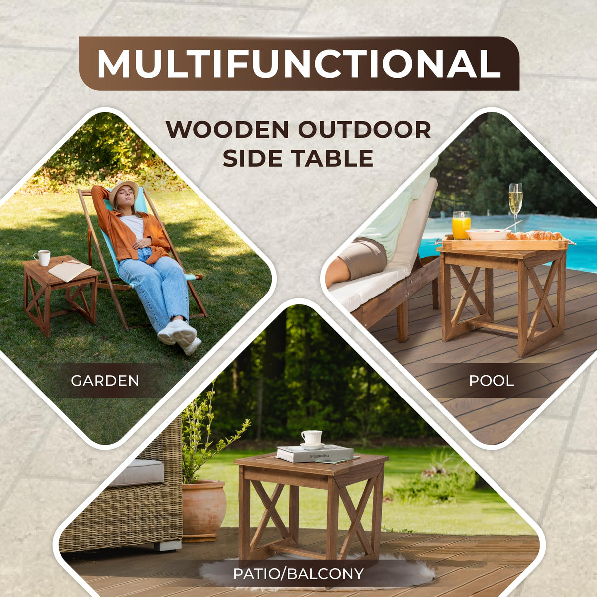 ARROWSTONE 100% Acacia Wood Small Table, Side Table for Indoor & Outdoor Space, Patio, Poolside, Garden, Living Room (X-braced Style)