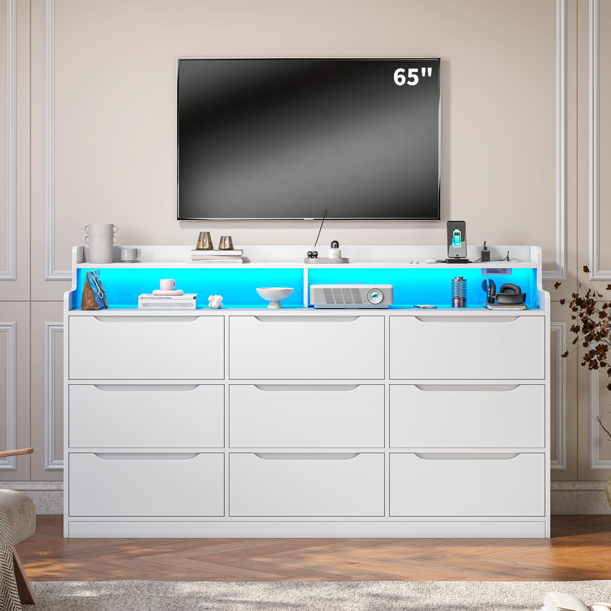 DurayLoly White Dresser for Bedroom with LED Light & Charging Station Modern 9 Drawer Dresser for Bedroom Wood Chest of Drawers for Living Room Hallway, Anti-Tip Safety, 15.6" D x 55" W x 35.5" H