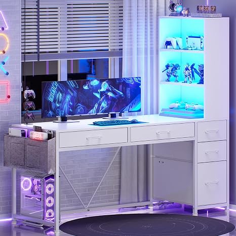 Reversible Gaming & Home Office Desk with Drawers, Bookshelf & RGB LED Lights