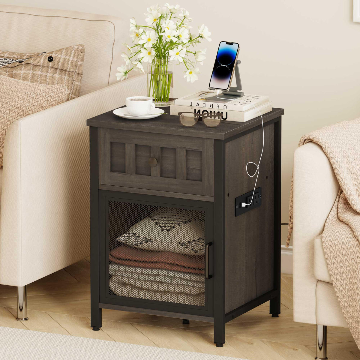 FATORRI End Table with Charging Station, Farmhouse Side Table with Drawer, Rustic Wood and Metal Nightstand and Bedside Tables for Living Room (Walnut Brown)